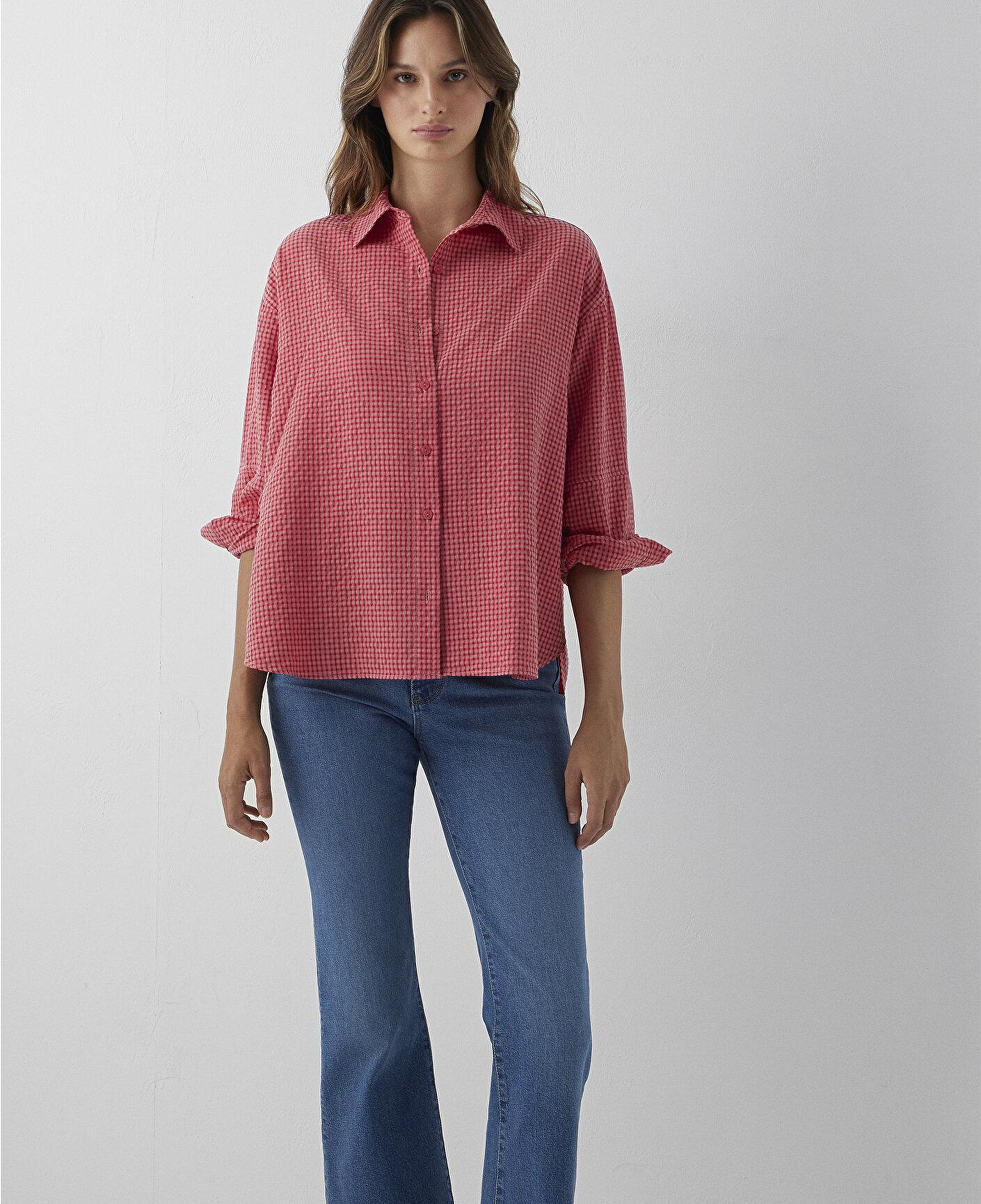 Mavi Kareli Kırmızı Gömlek Oversize / Geniş Kesim 1220468-83957