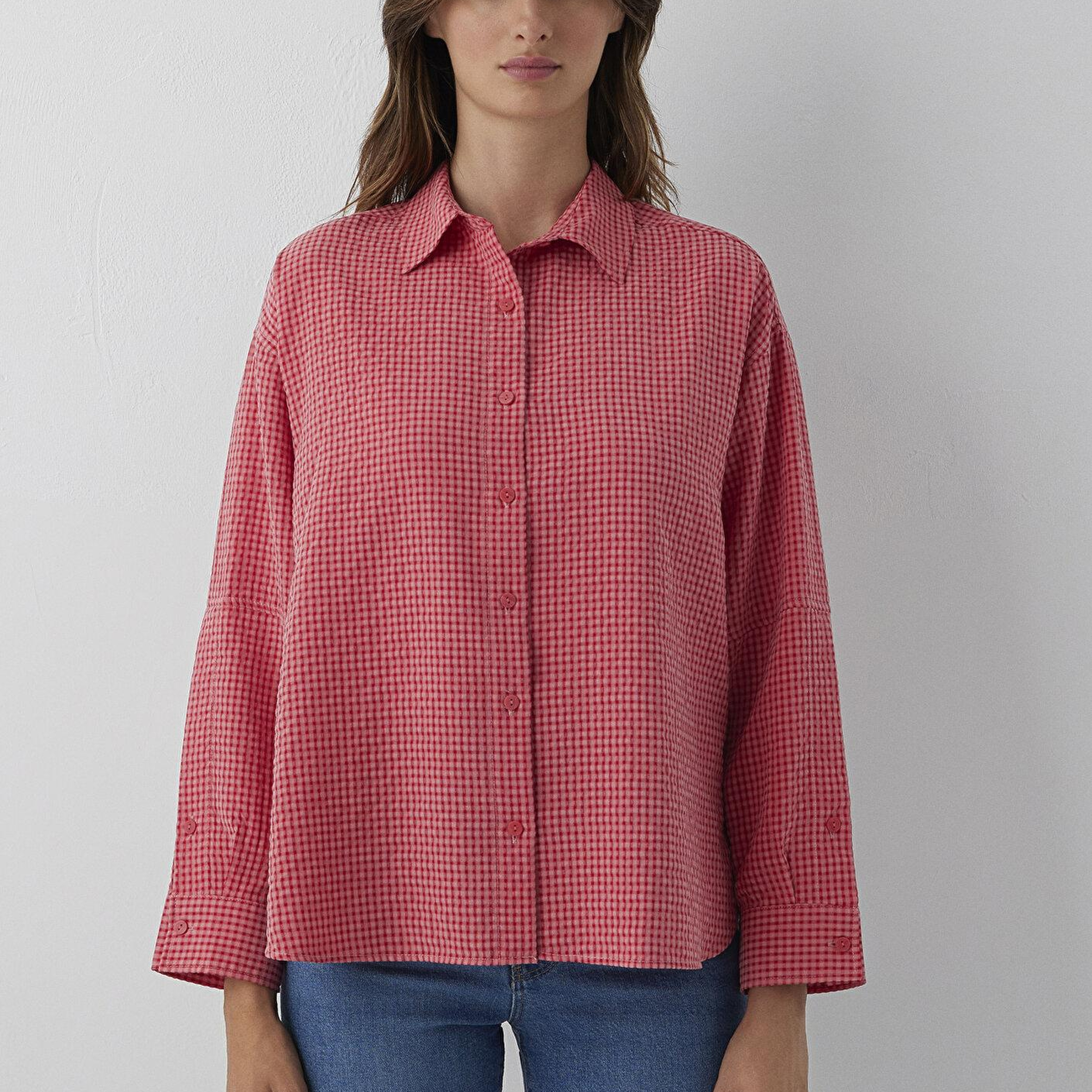 Mavi Kareli Kırmızı Gömlek Oversize / Geniş Kesim 1220468-83957