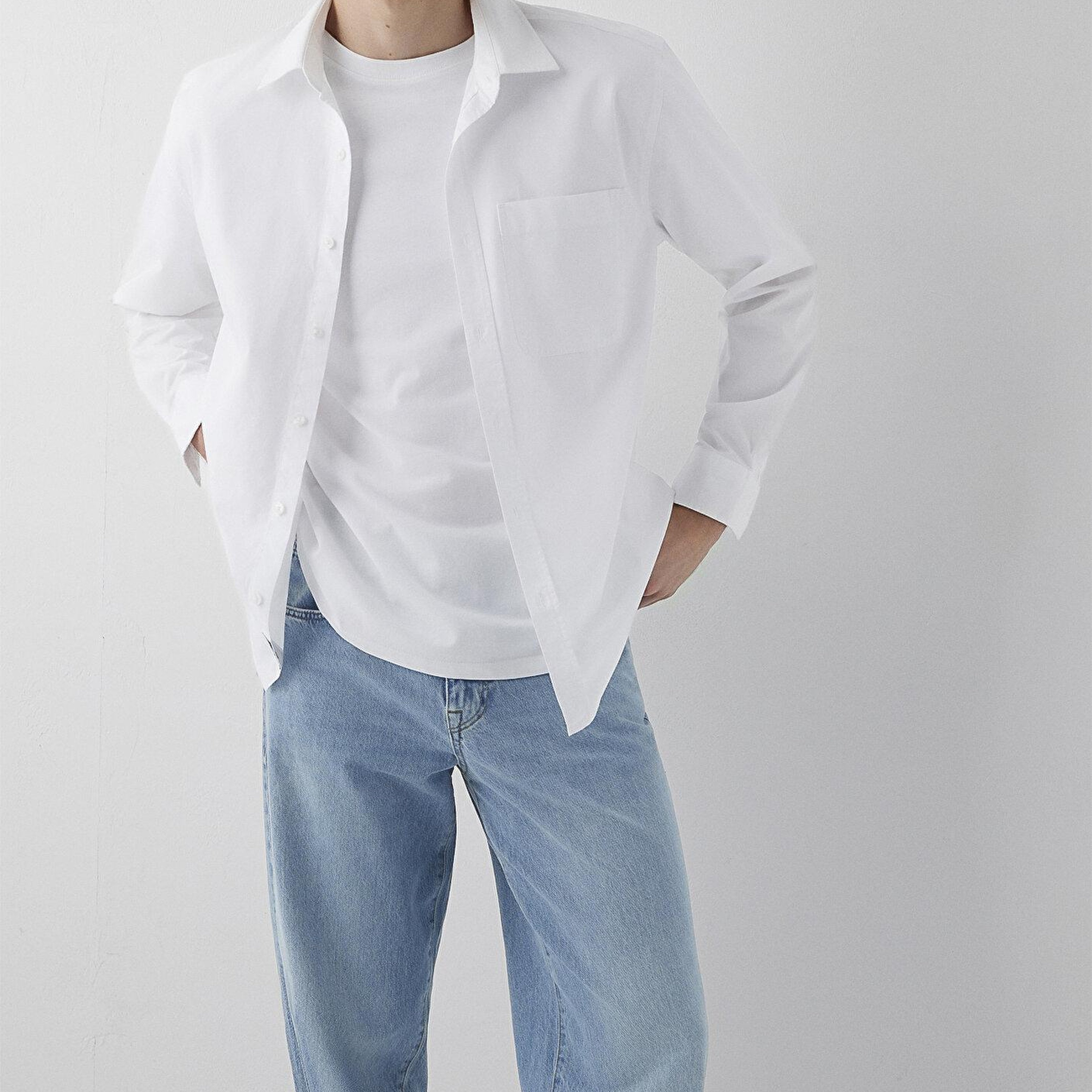 Mavi Cepli Beyaz Gömlek Loose Fit / Bol Rahat Kesim 0212126-620