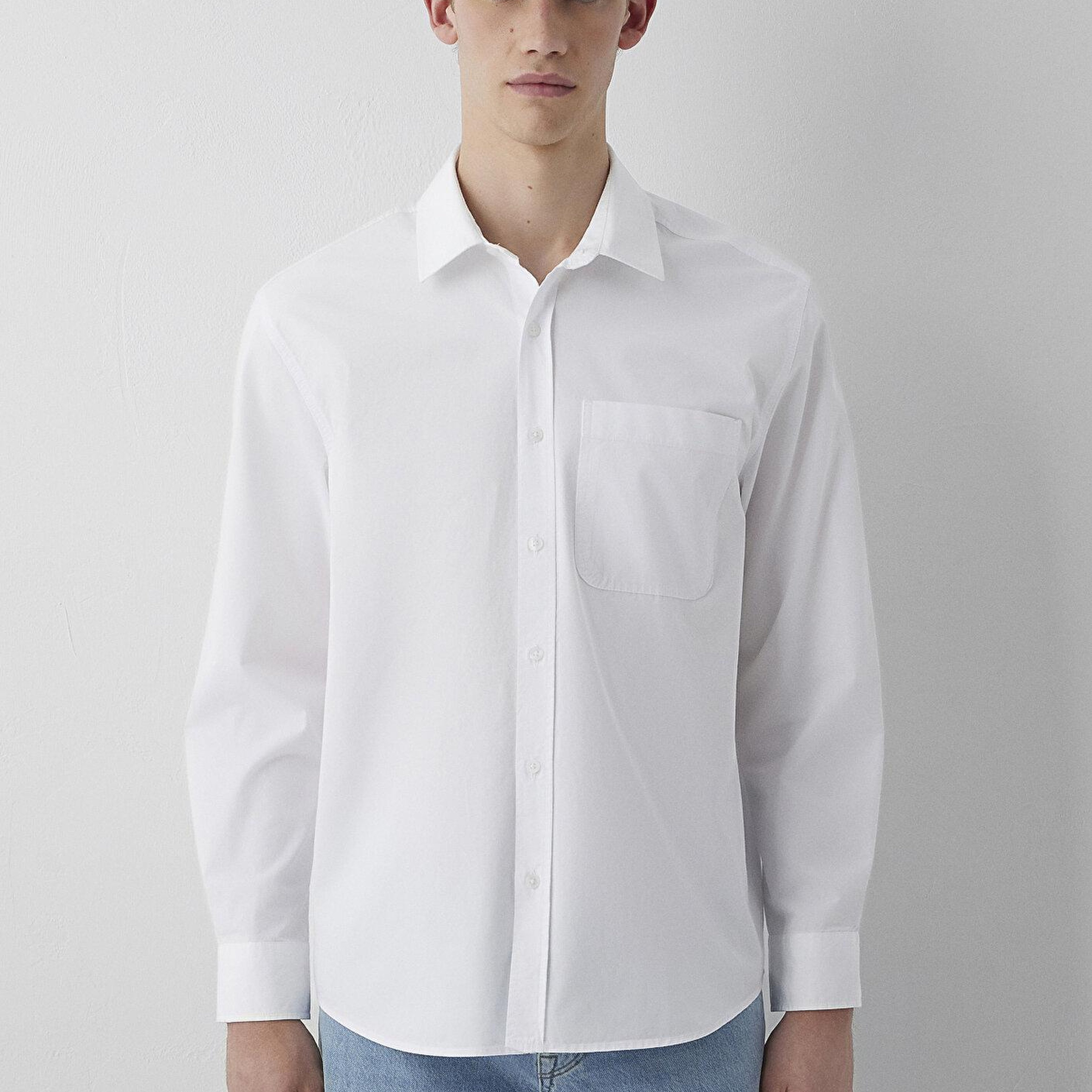 Mavi Cepli Beyaz Gömlek Loose Fit / Bol Rahat Kesim 0212126-620