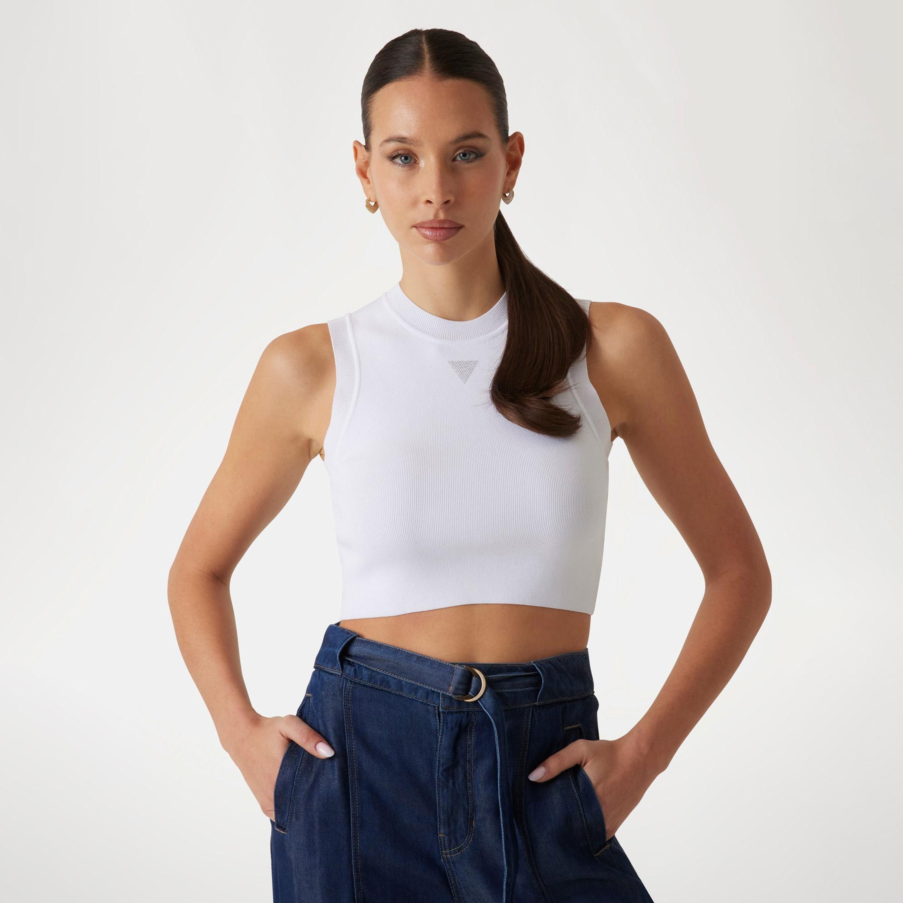 Guess Kadın Beyaz Kolsuz Crop Top