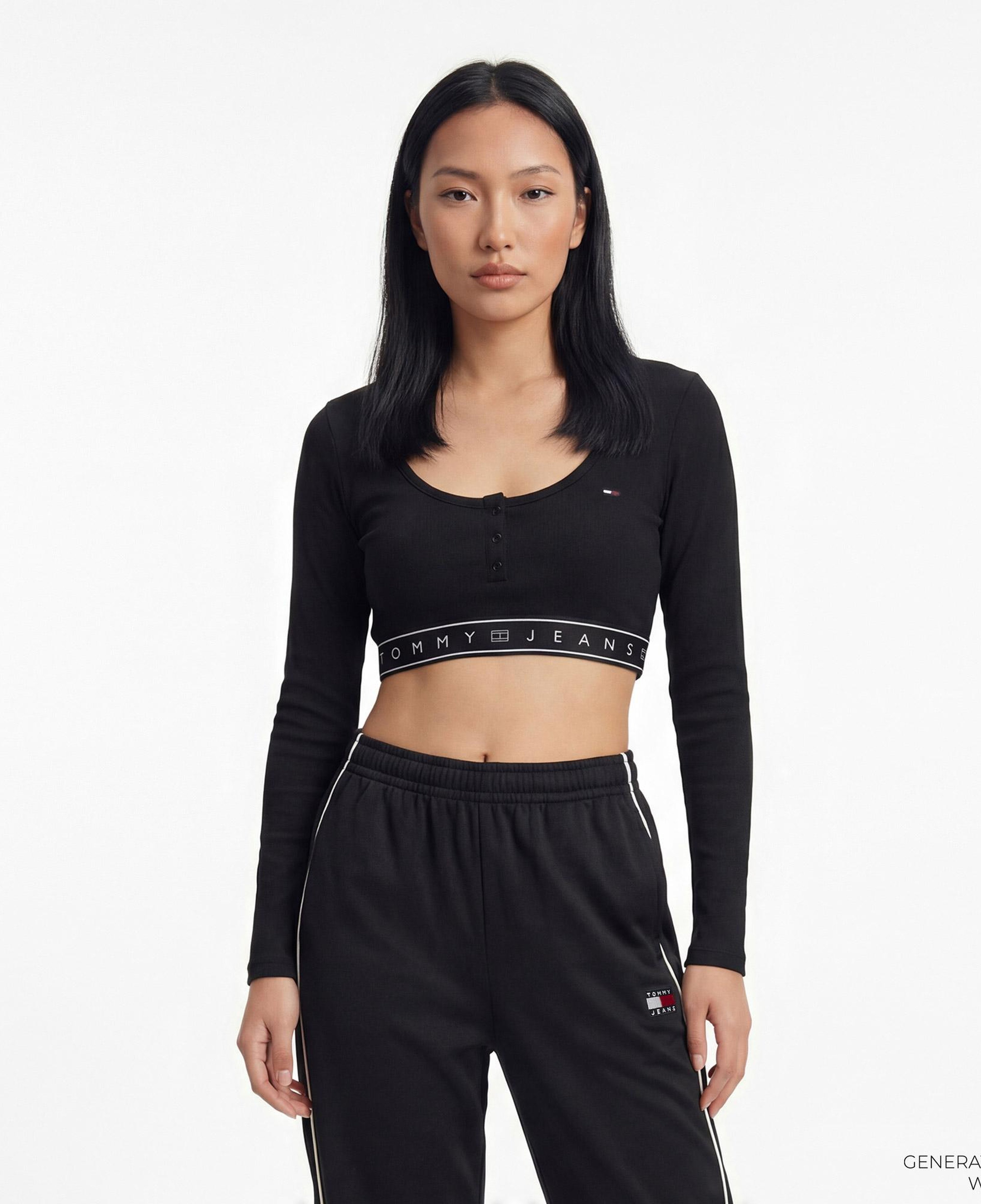 Tommy Hilfiger D3 Kadın Siyah Uzun Kollu Crop