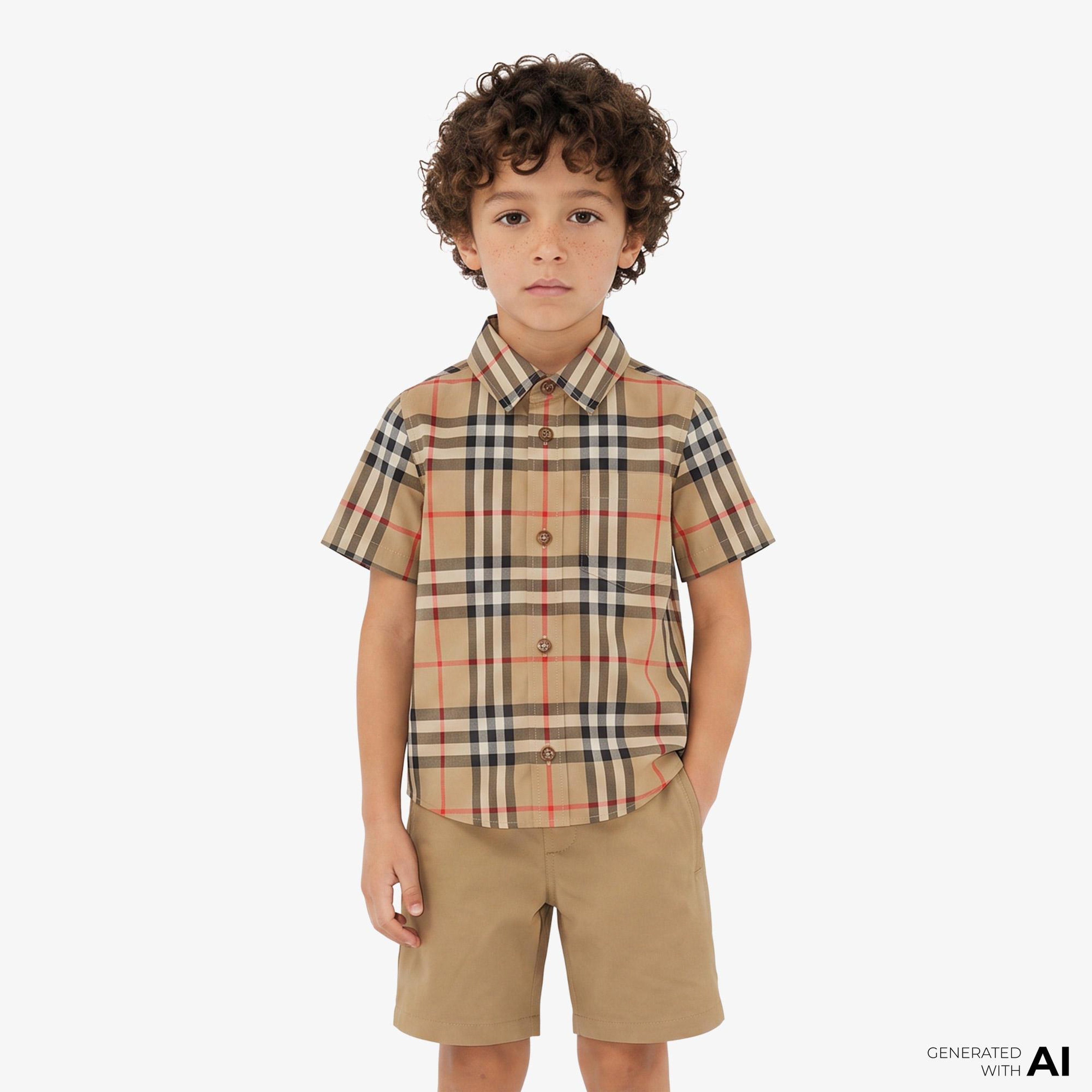 Burberry Check Stretch Pamuklu Çocuk Bej Gömlek