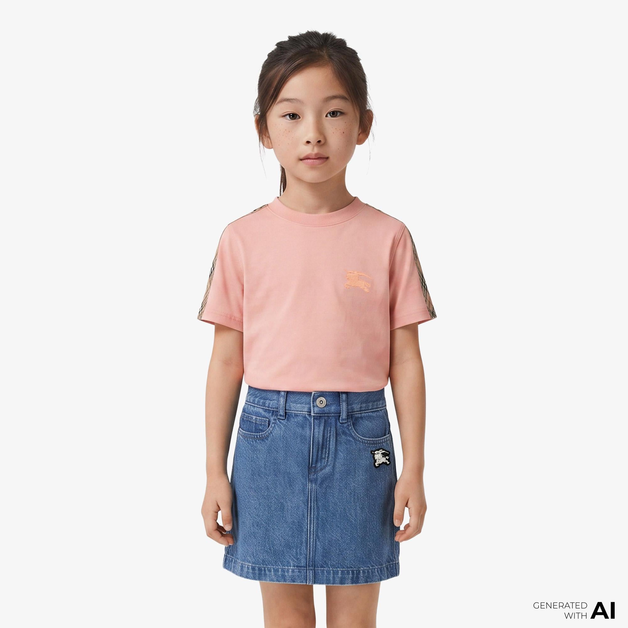 Burberry Cedar Check Trim Cotton Çocuk Pembe T-Shirt