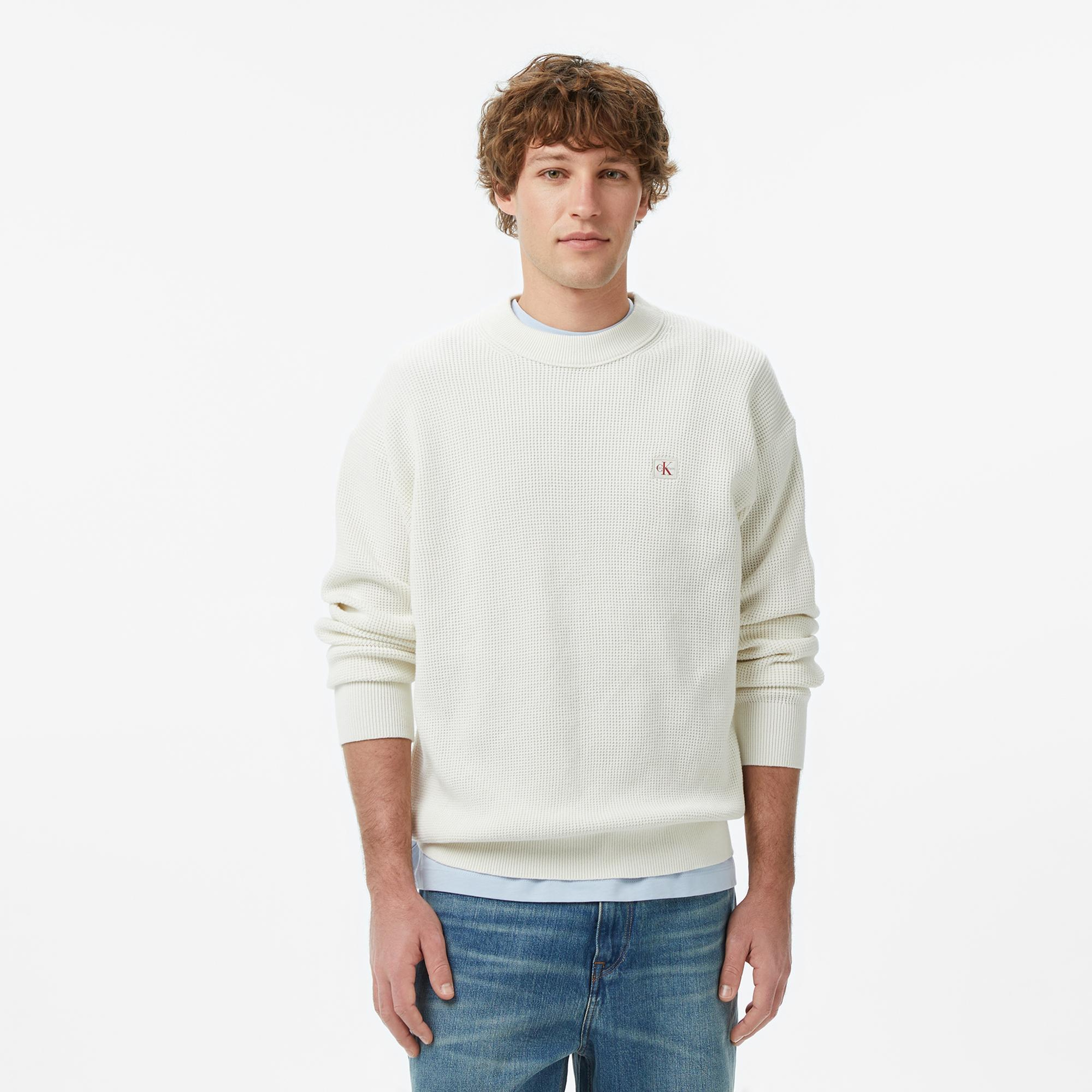 Calvin Klein Cotton Waffle Erkek Beyaz Sweatshirt