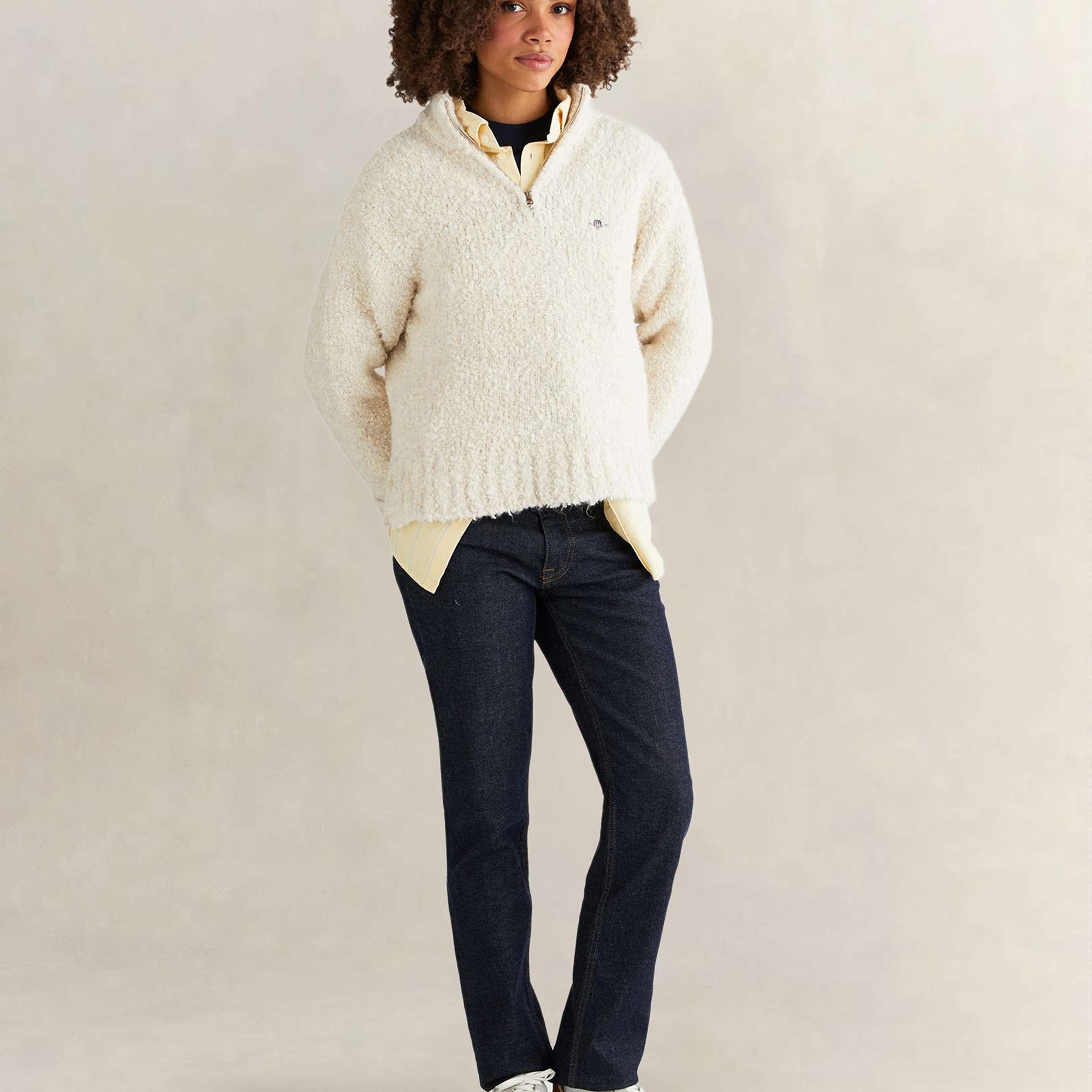 GANT Kadın Krem Relaxed Fit Yarım Fermuarlı Triko
