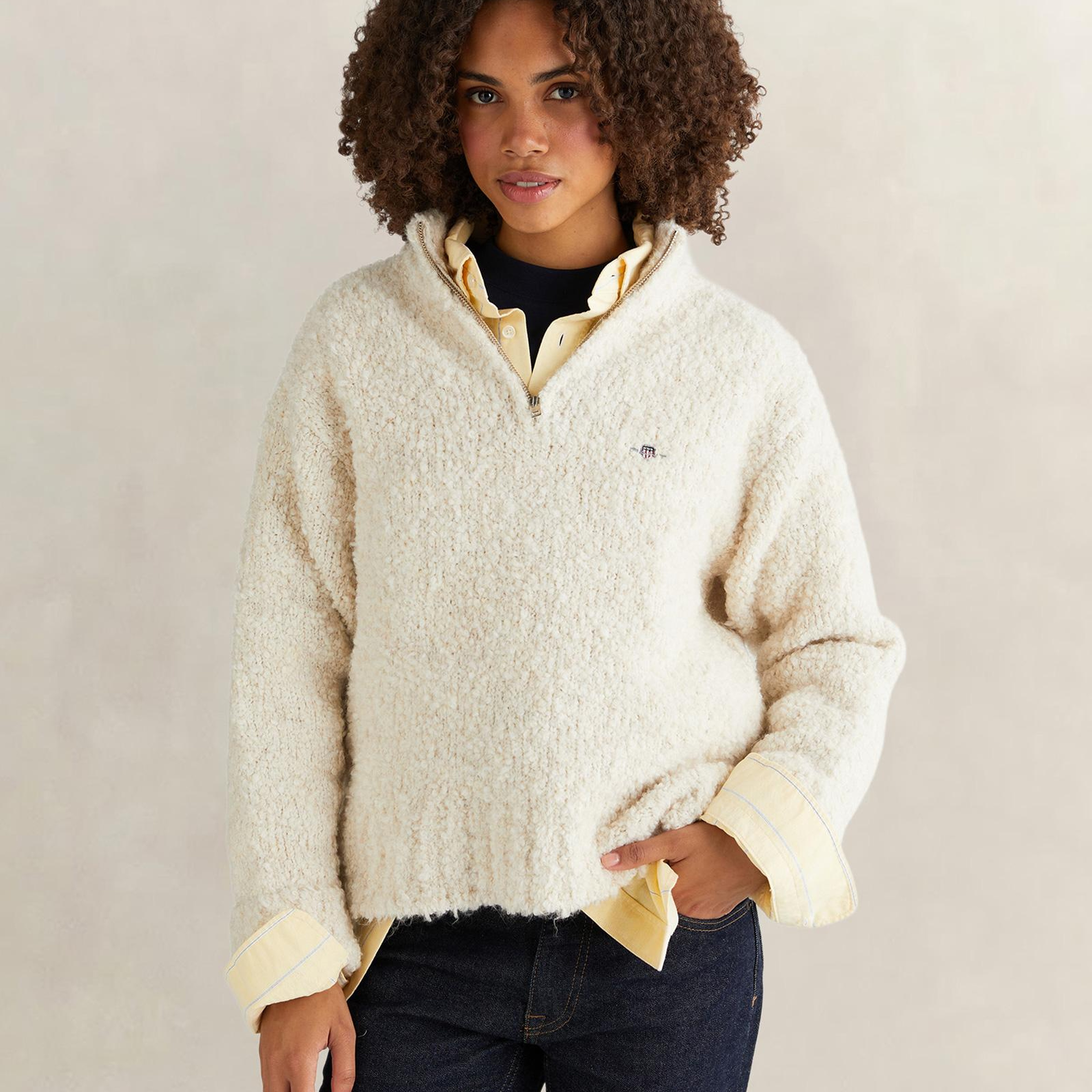 GANT Kadın Krem Relaxed Fit Yarım Fermuarlı Triko