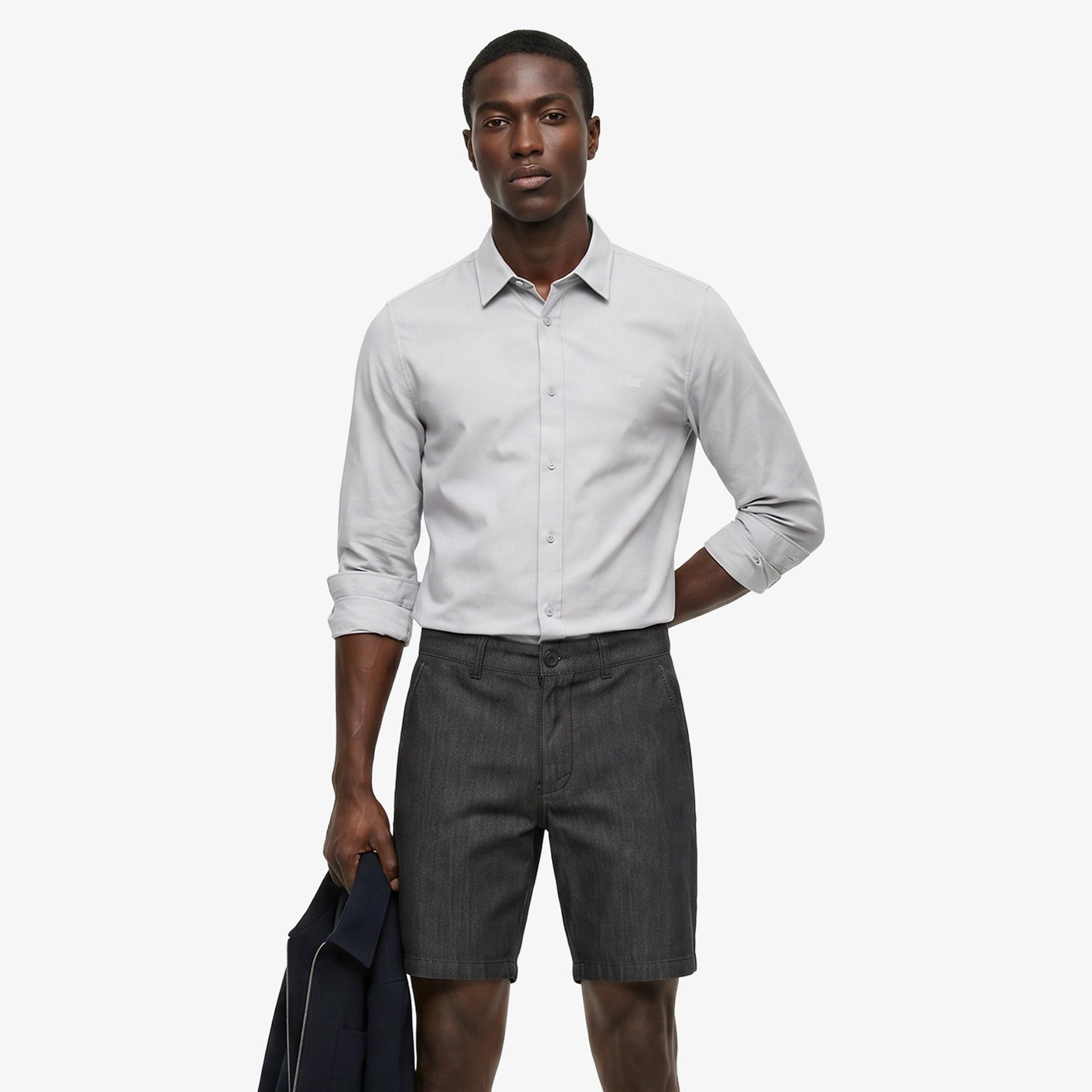 Erkek Slim Fit Düğmeli Yaka Gri Gömlek
