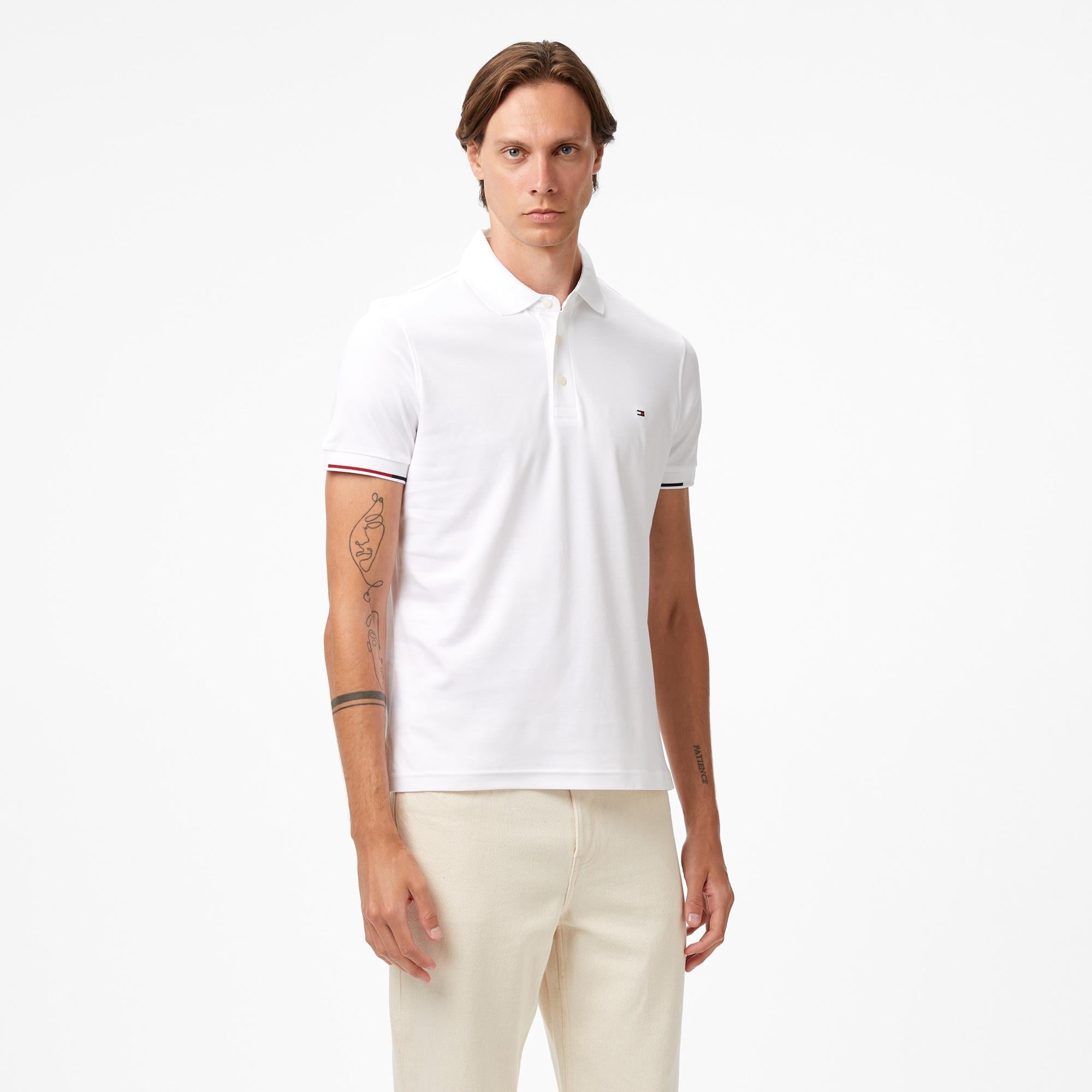 Tommy Hilfiger İnterlock Flagcuff Slim Fit Erkek Beyaz Polo Yaka T-Shirt