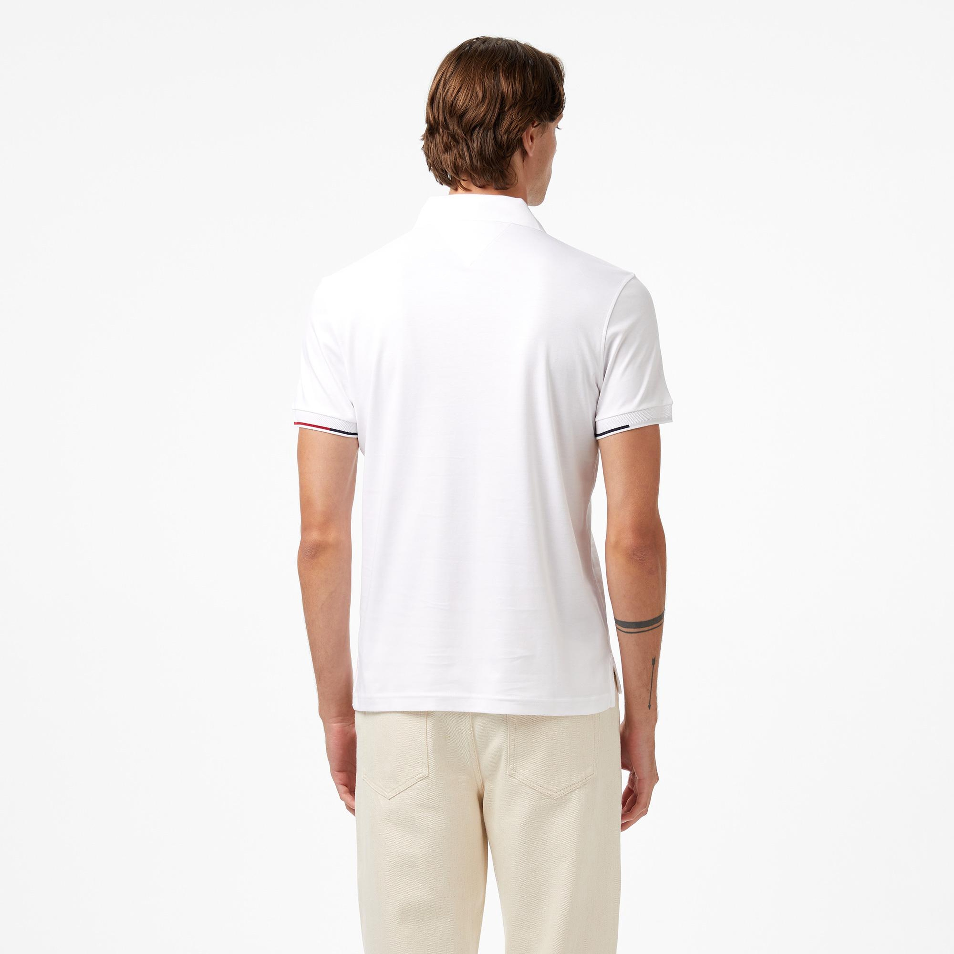 Tommy Hilfiger İnterlock Flagcuff Slim Fit Erkek Beyaz Polo Yaka T-Shirt