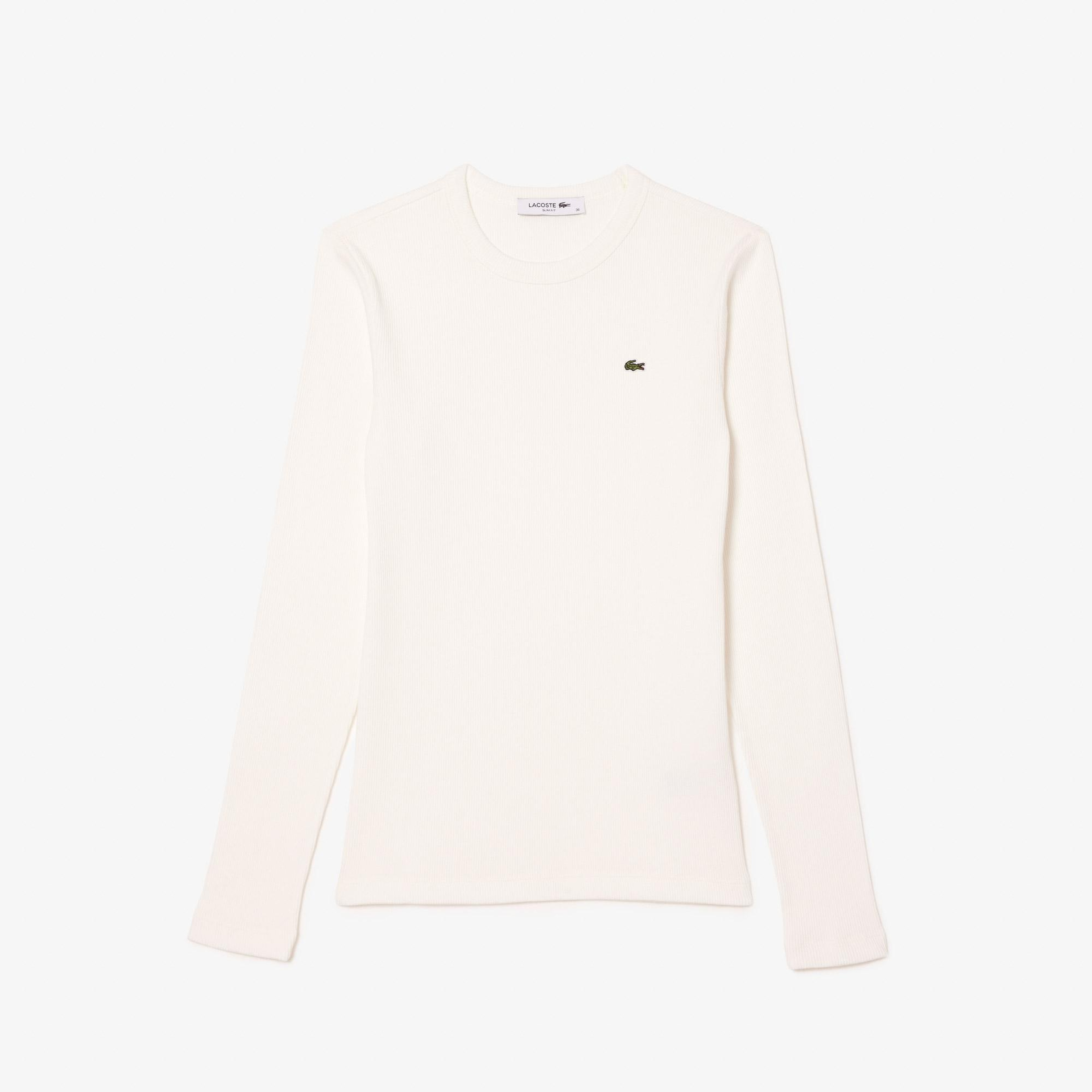 Lacoste Kadın Slim Fit Uzun Kollu Bisiklet Yaka Beyaz T-Shirt