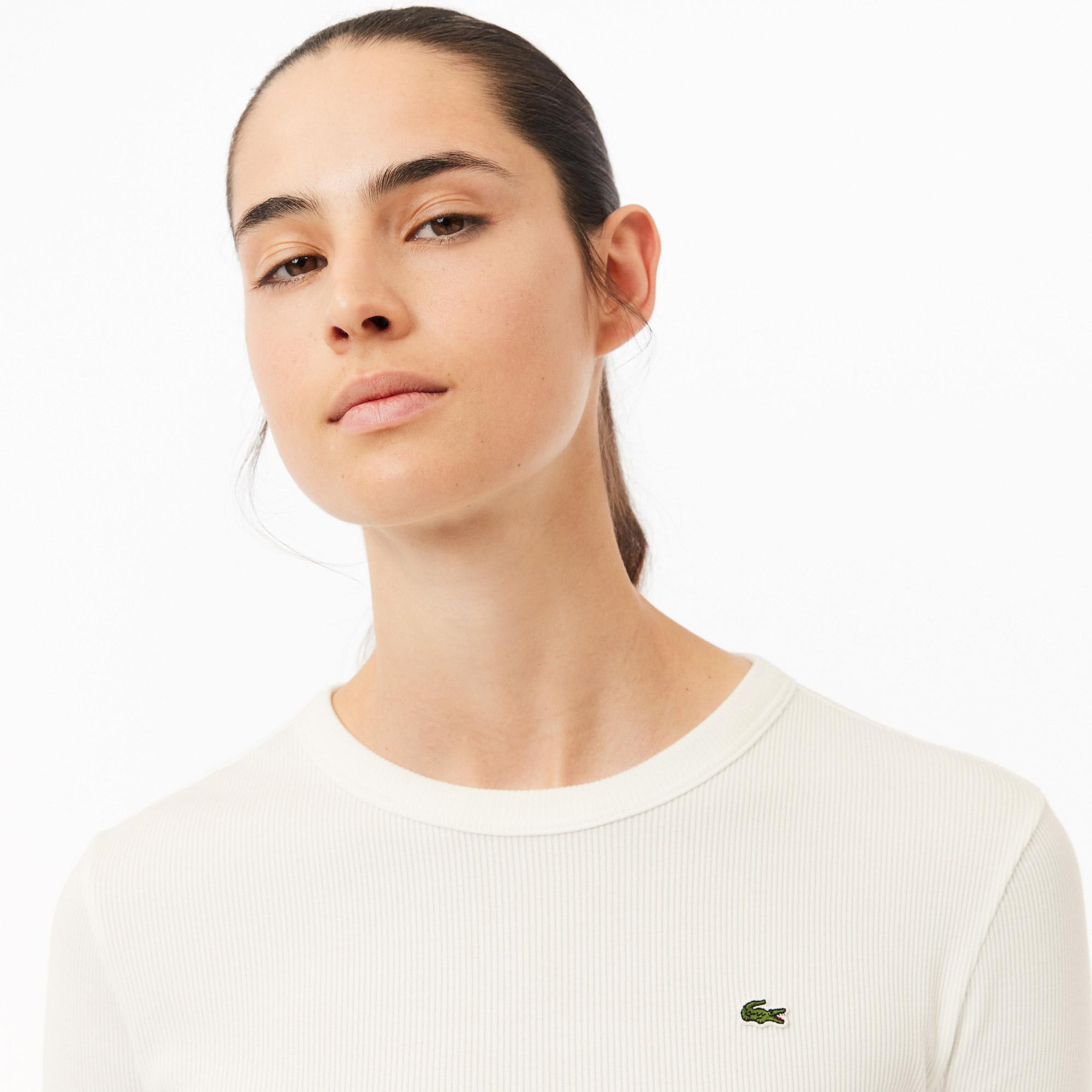 Lacoste Kadın Slim Fit Uzun Kollu Bisiklet Yaka Beyaz T-Shirt