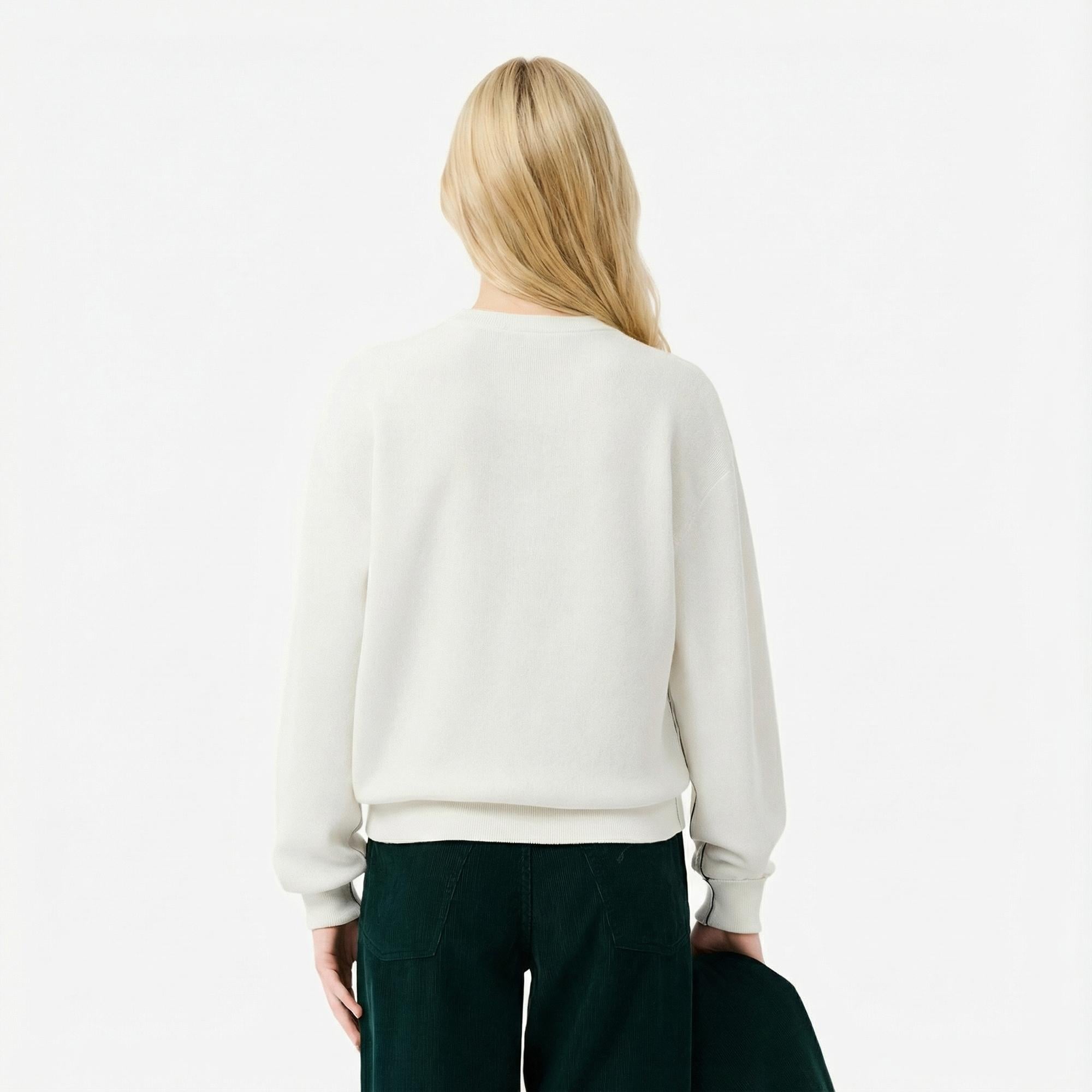 Lacoste Kadın Relaxed Fit Bisiklet Yaka Beyaz Kazak