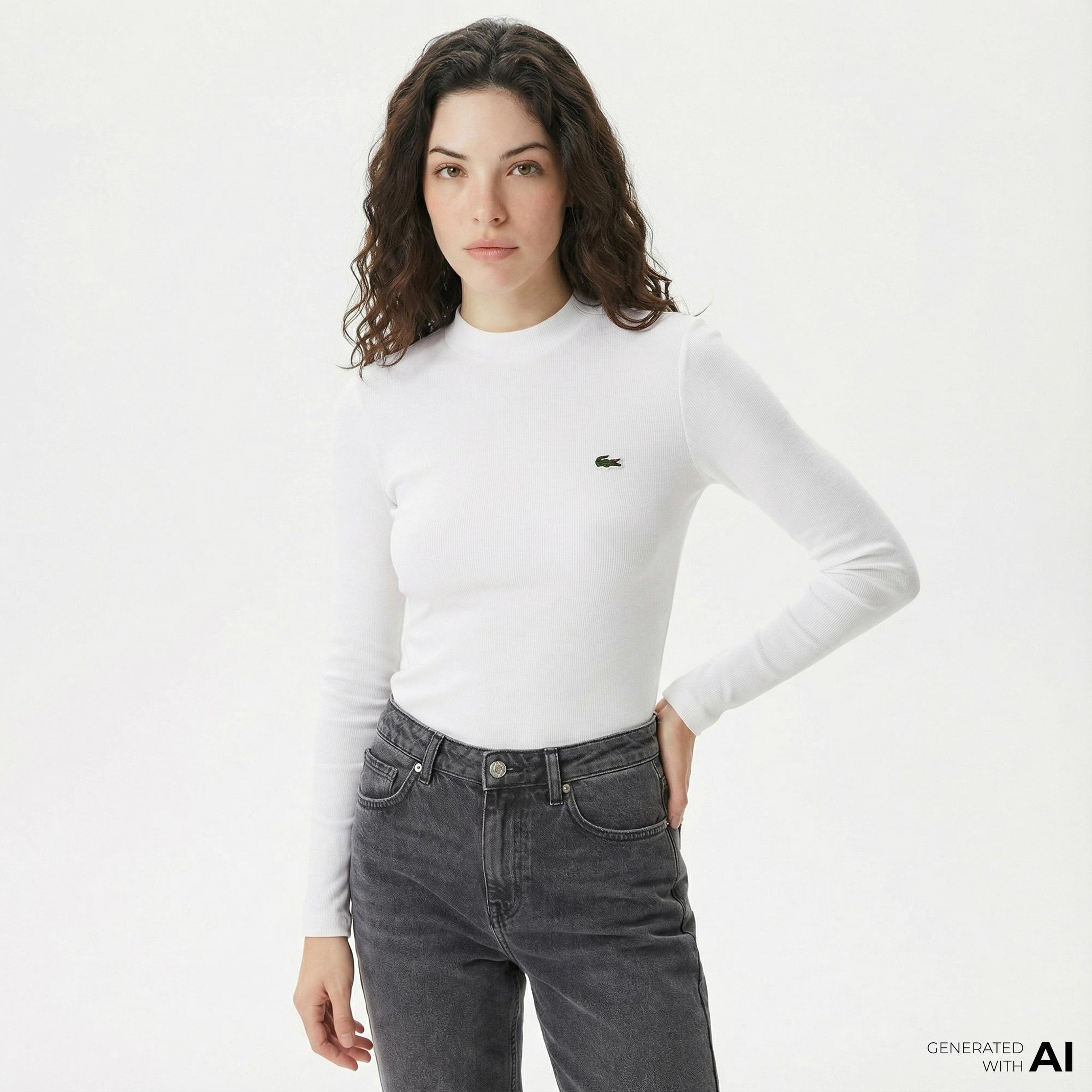 Lacoste Kadın Slim Fit Uzun Kollu Bisiklet Yaka Beyaz T-Shirt