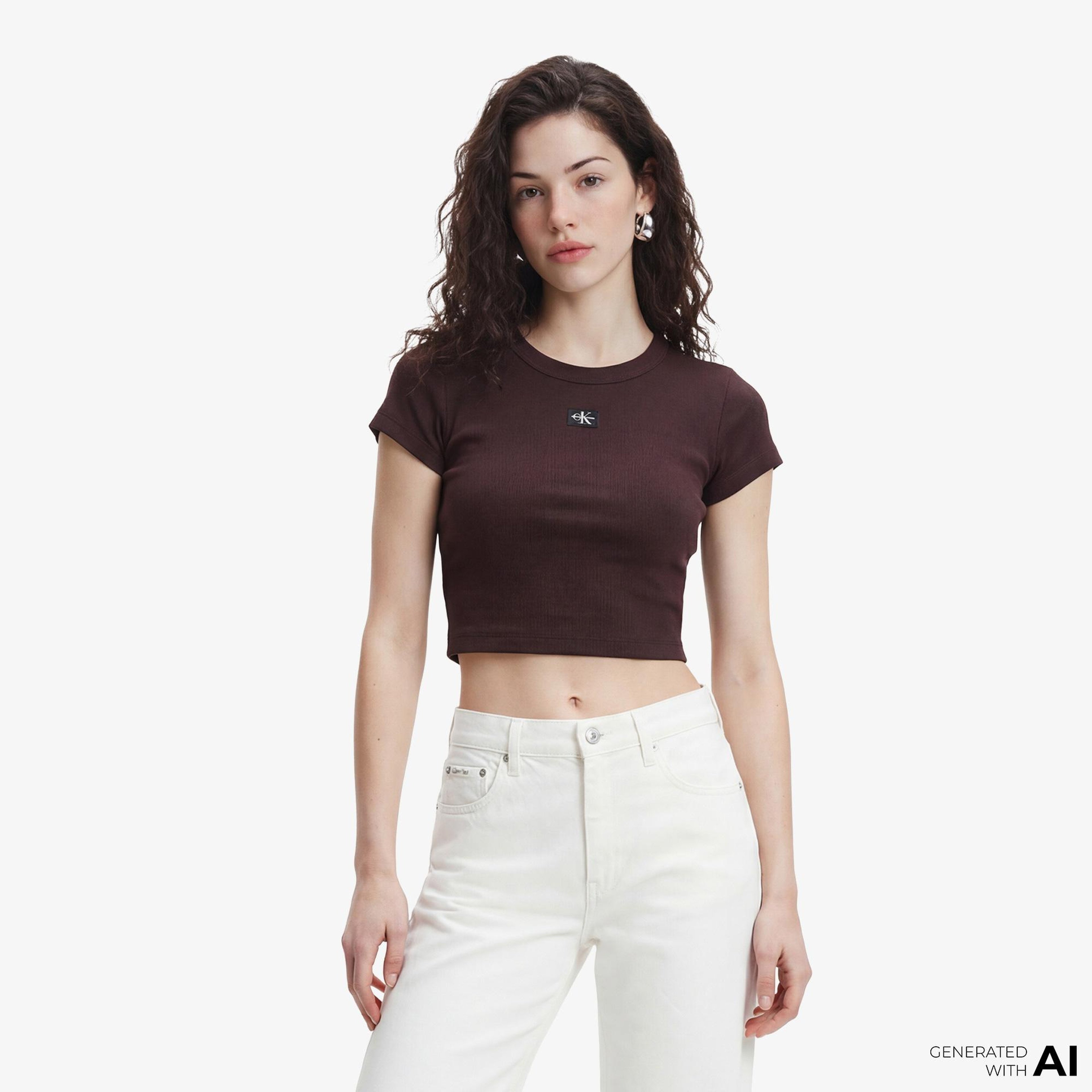 Calvin Klein Woven Label 2X2 Baby Rib Kadın Kahverengi T-Shirt