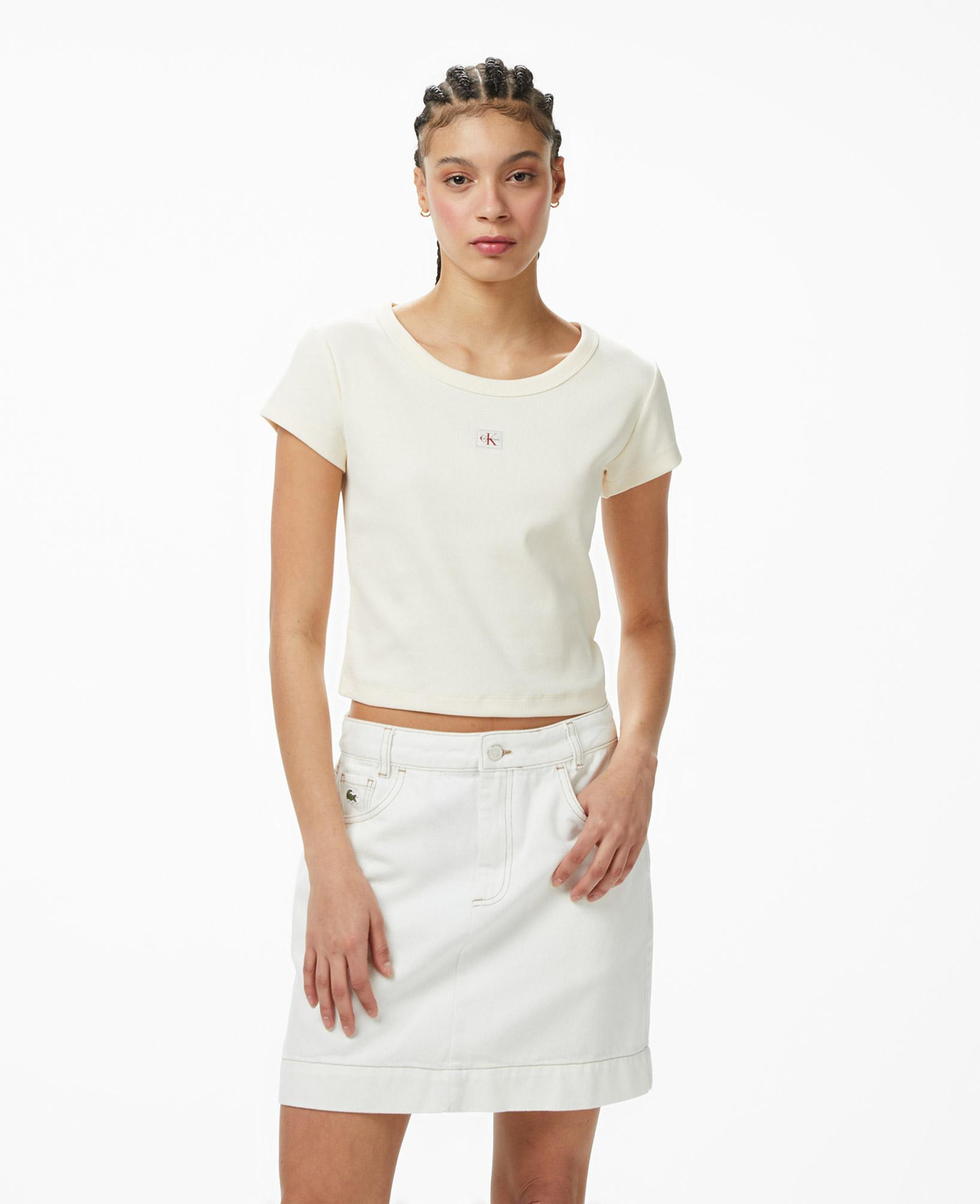 Calvin Klein Woven Label 2X2 Baby Rib Kadın Beyaz T-Shirt