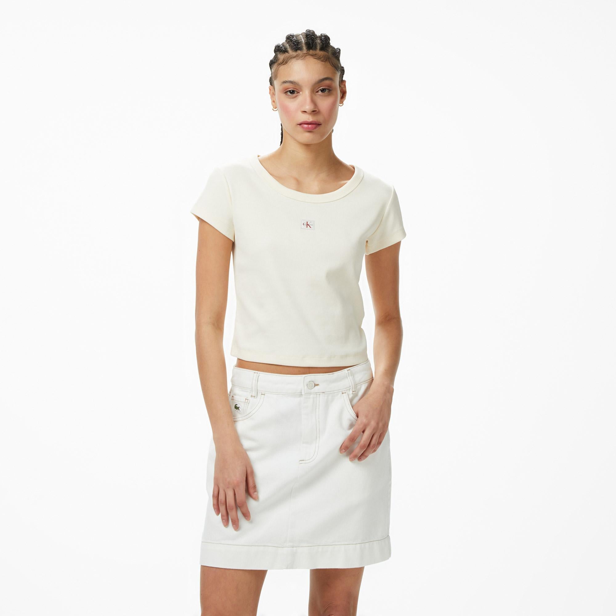 Calvin Klein Woven Label 2X2 Baby Rib Kadın Beyaz T-Shirt