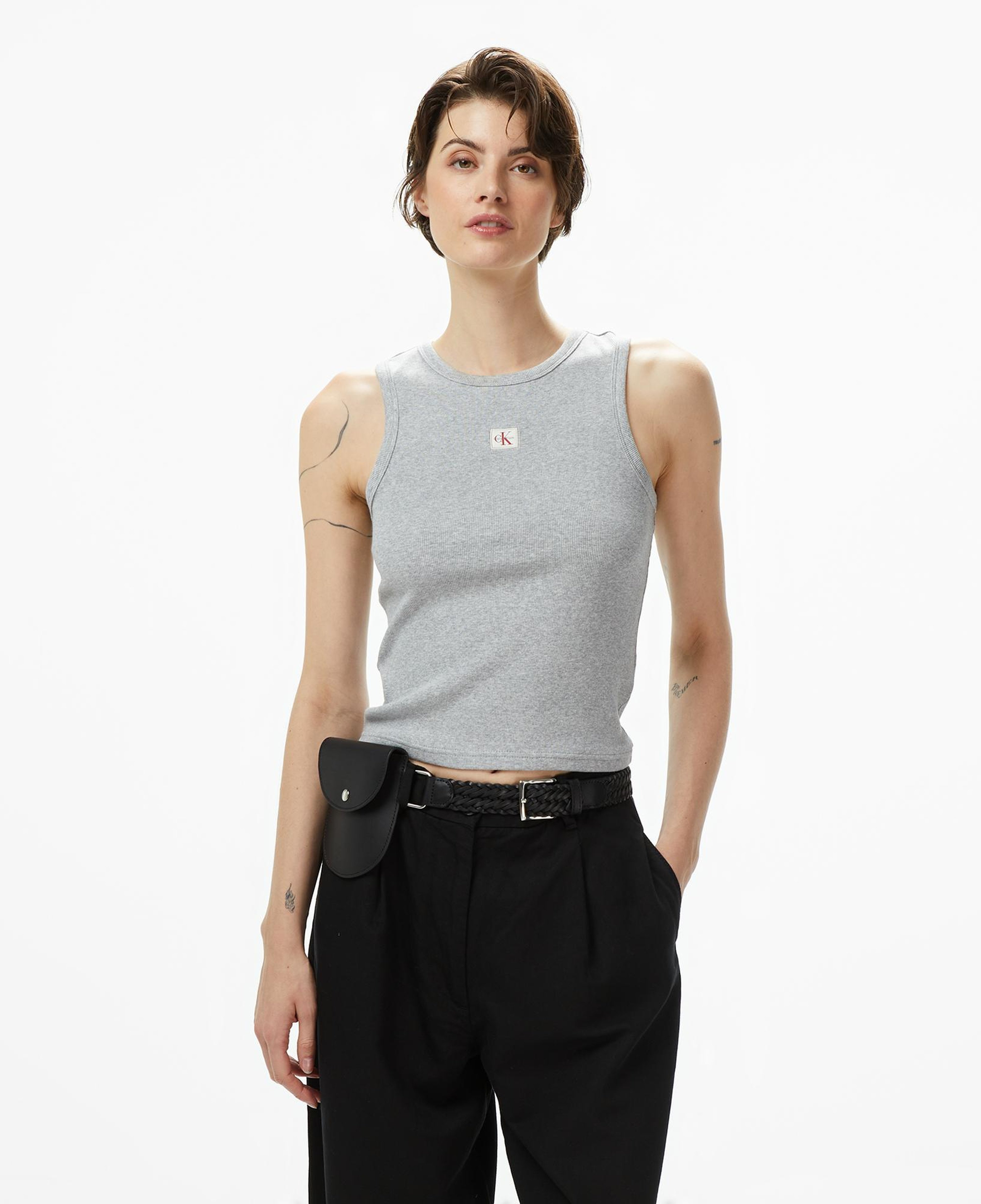 Calvin Klein Woven Label 2X2 Baby Rib Kadın Gri Kolsuz T-Shirt
