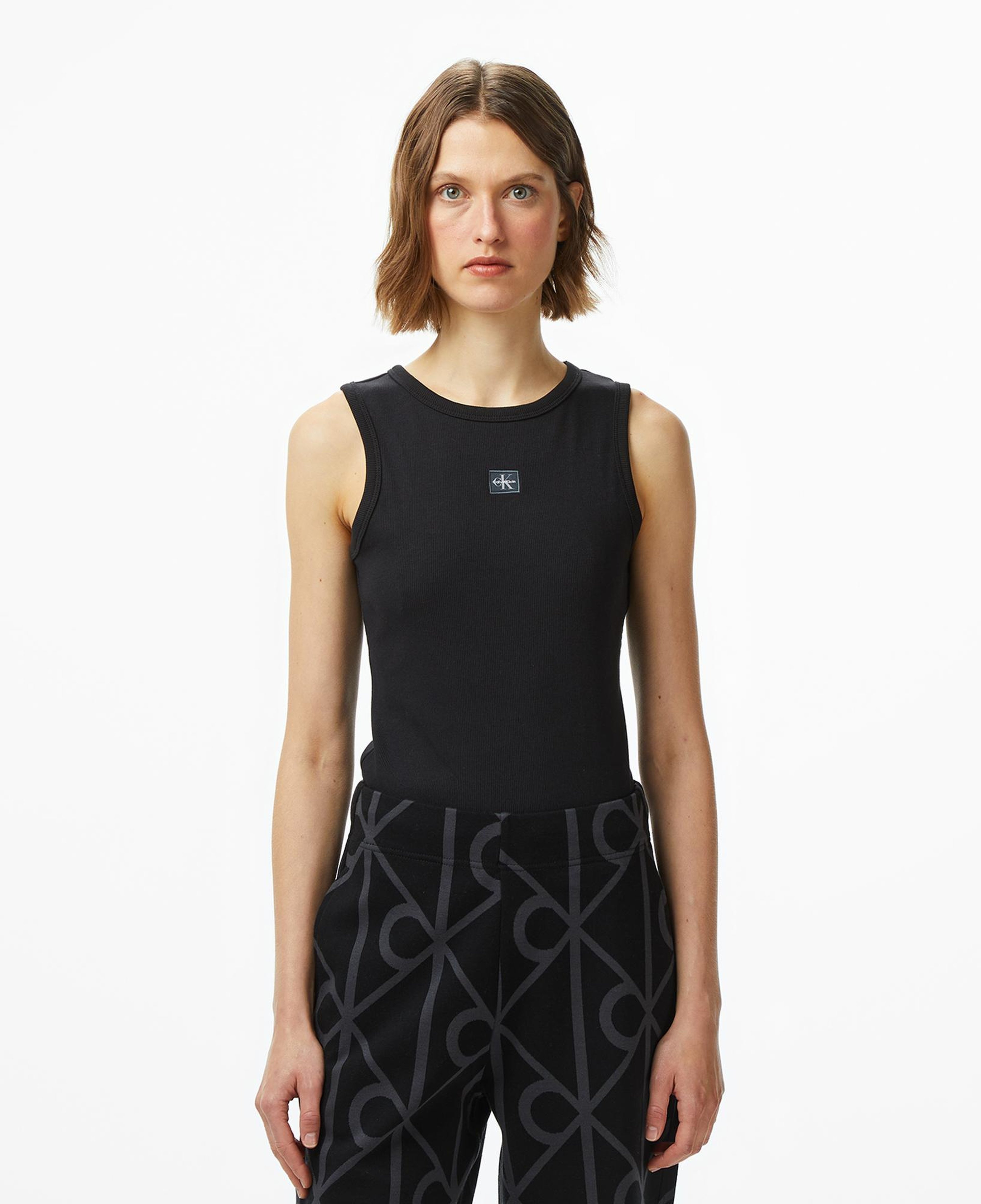 Calvin Klein Woven Label 2X2 Baby Rib Kadın Siyah Kolsuz T-Shirt