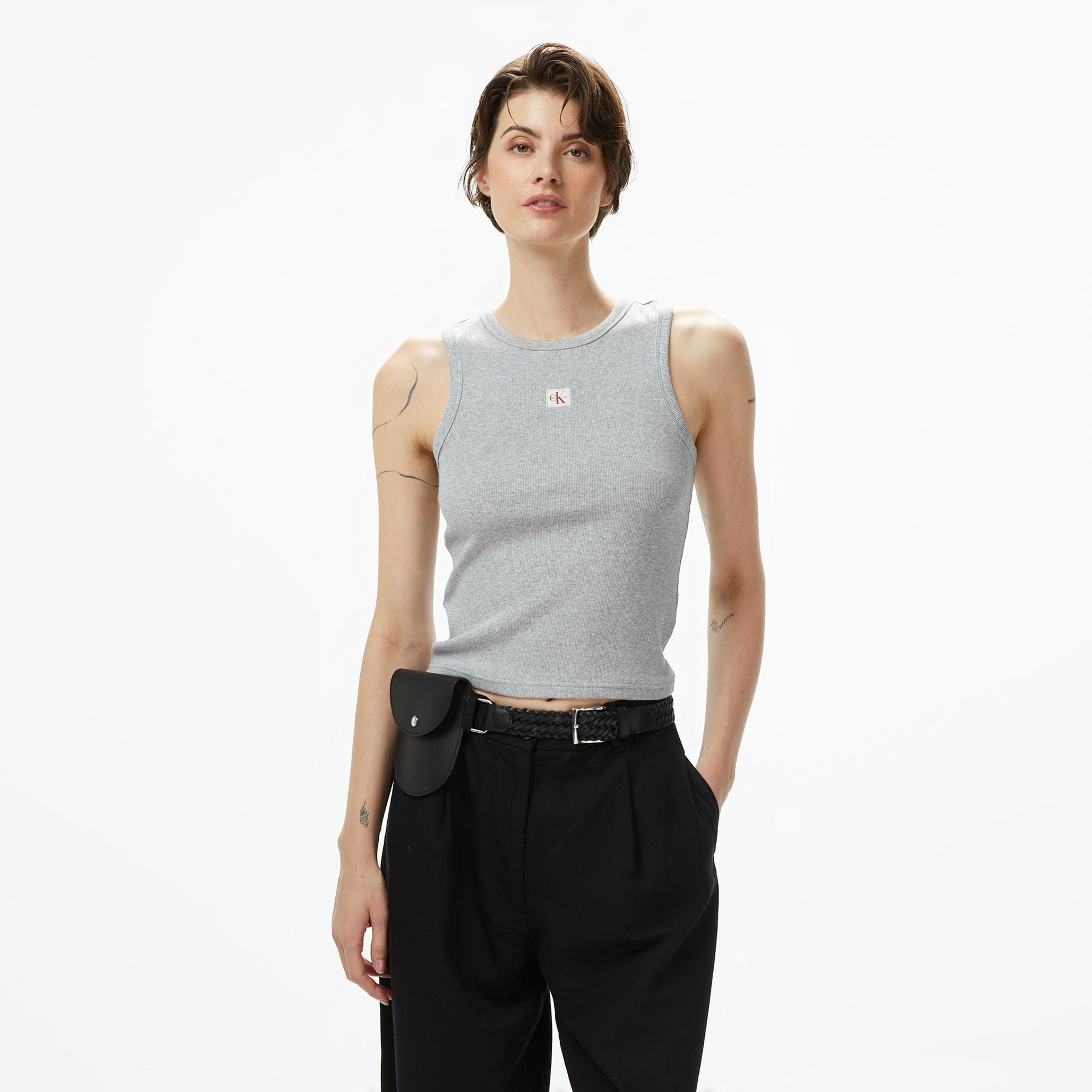Calvin Klein Woven Label 2X2 Baby Rib Kadın Gri Kolsuz T-Shirt
