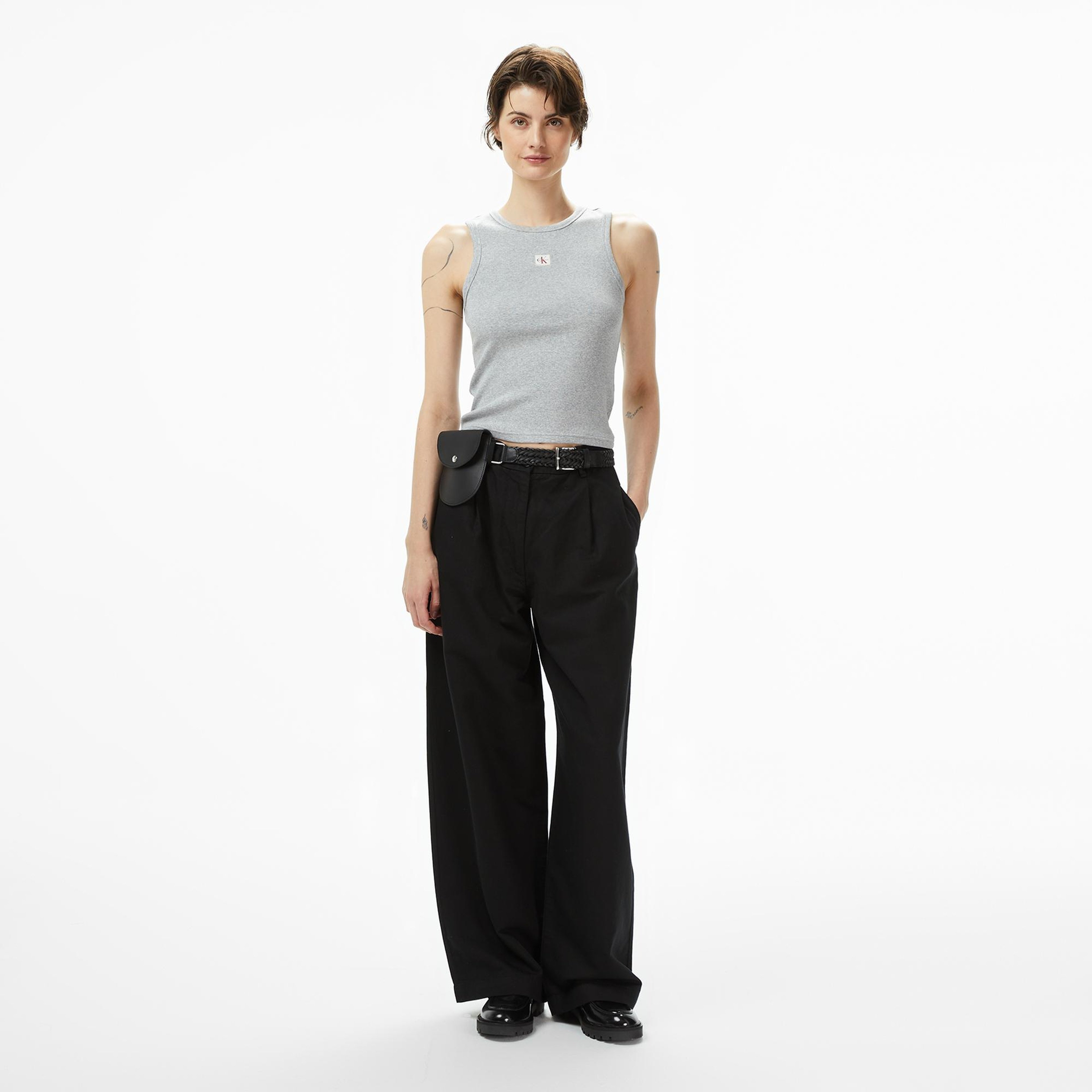 Calvin Klein Woven Label 2X2 Baby Rib Kadın Gri Kolsuz T-Shirt