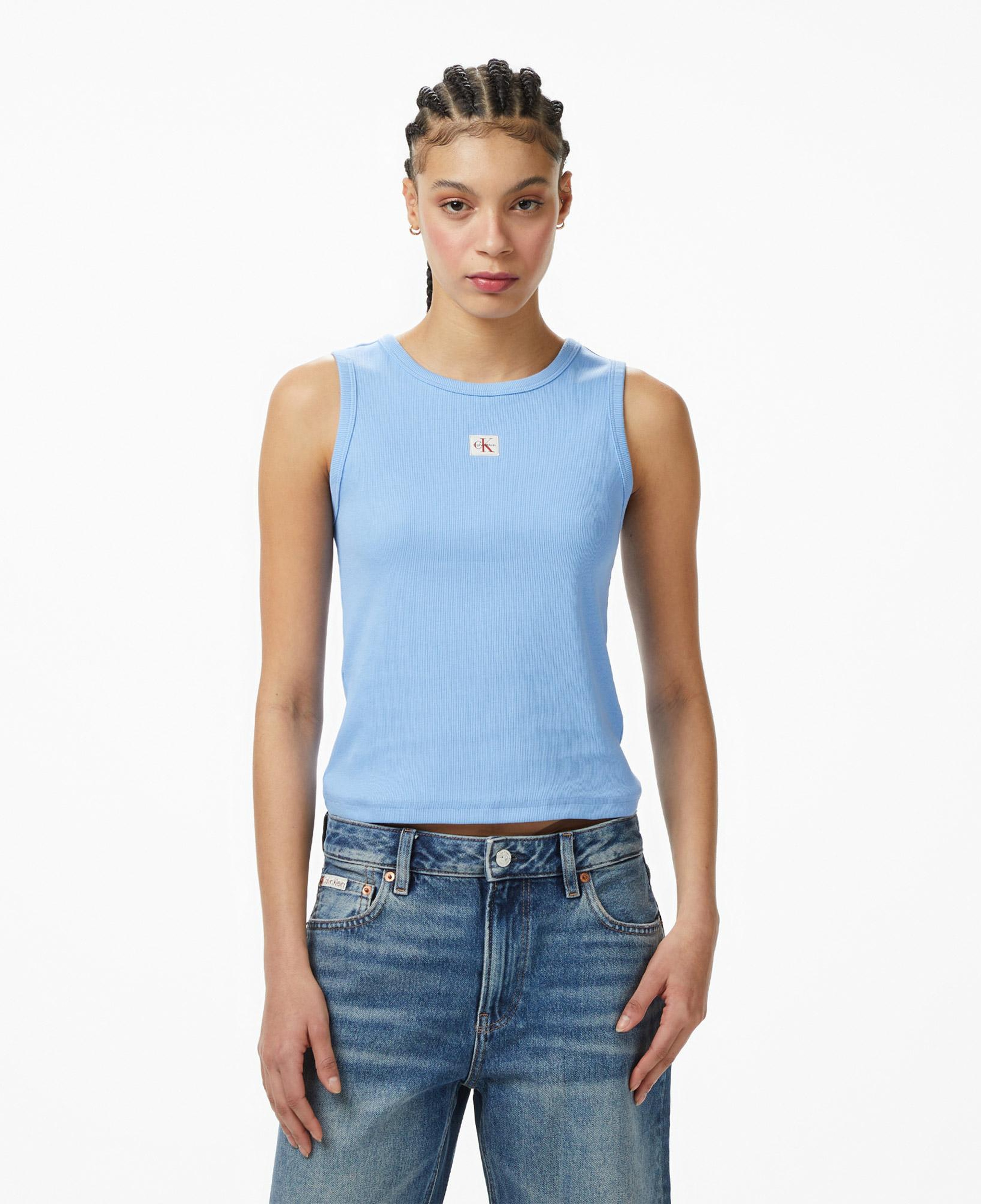 Calvin Klein Woven Label 2X2 Baby Rib Kadın Mavi Kolsuz T-Shirt