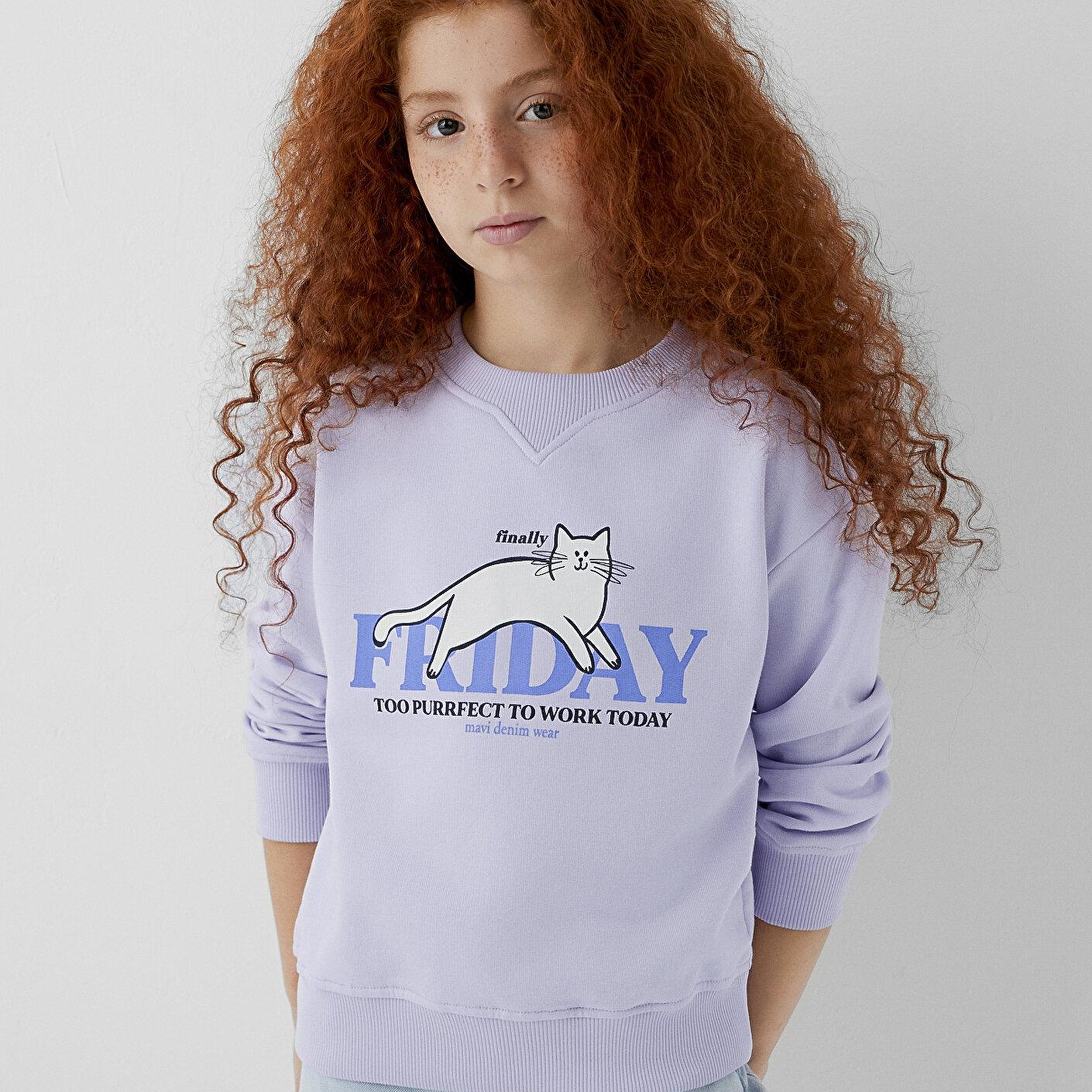 Mavi Kedi Baskılı Mor Sweatshirt 7S10210-70523