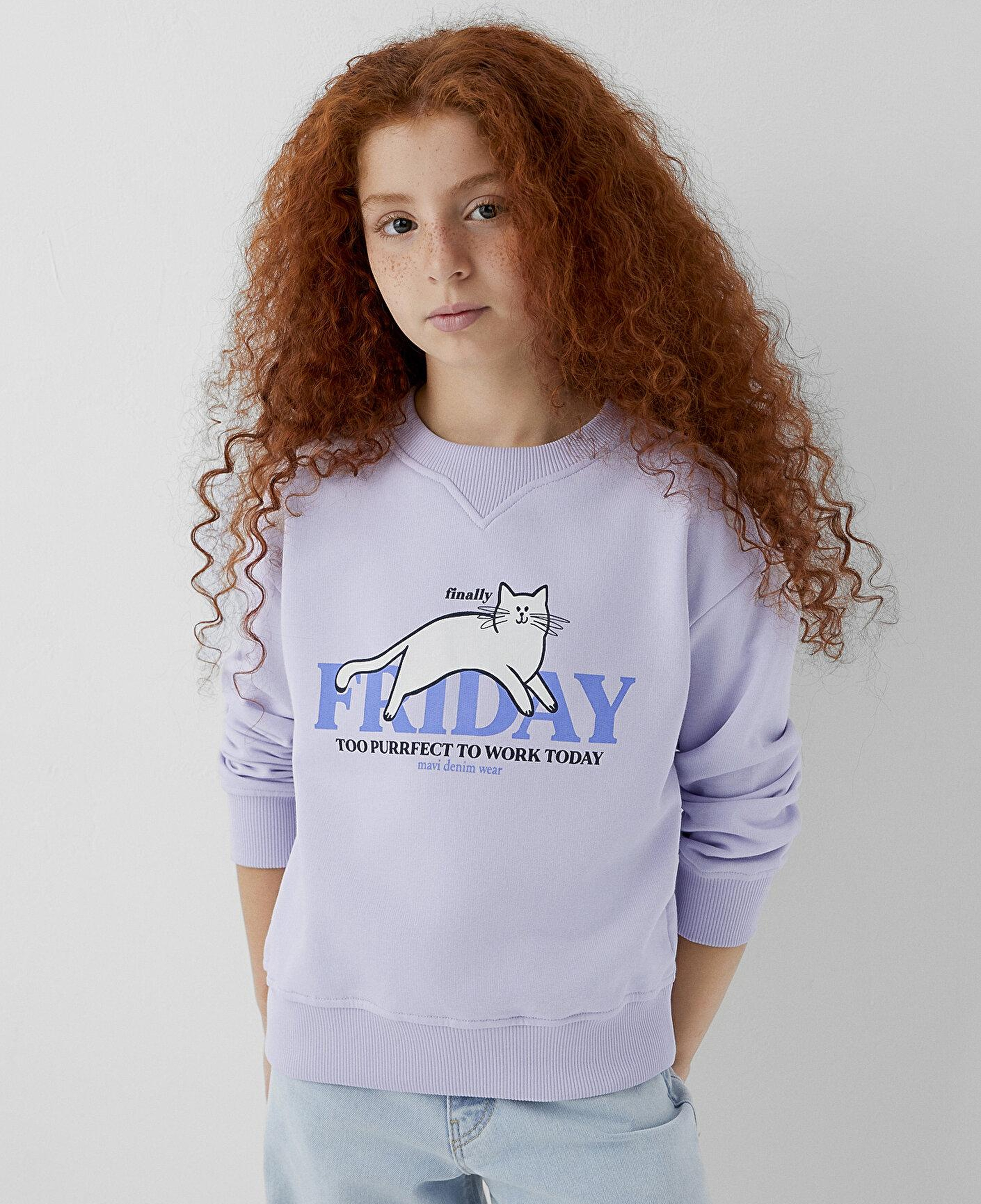 Mavi Kedi Baskılı Mor Sweatshirt 7S10210-70523