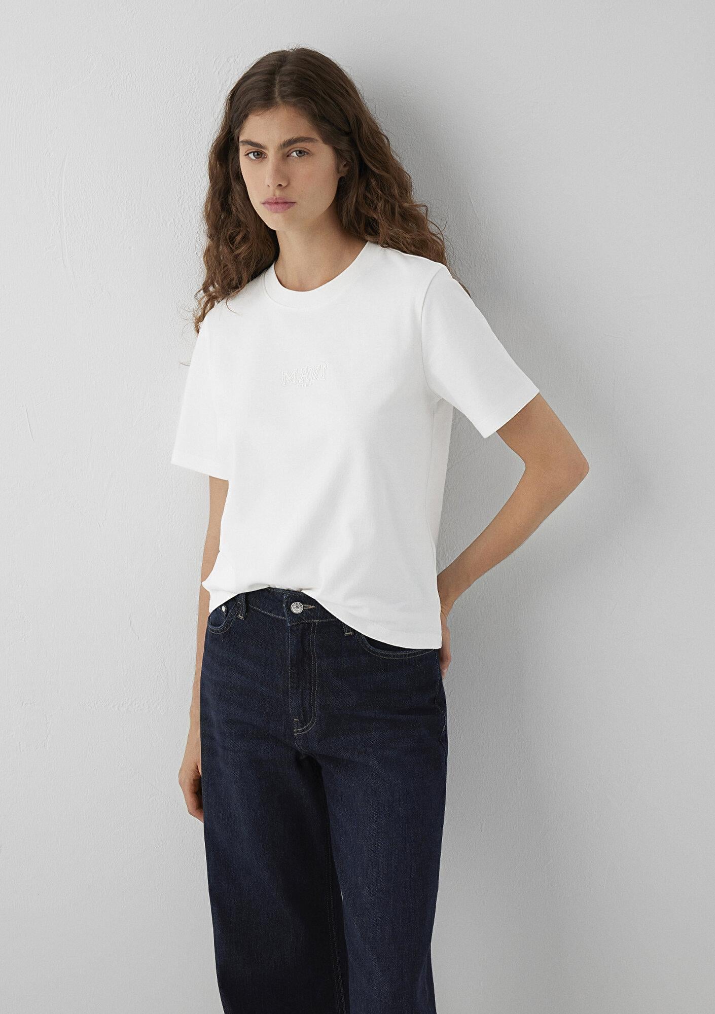 Mavi Mavi Logo Baskılı Ekru Tişört Semi Slim Fit / Yarı Dar Kesim 1614377-70057