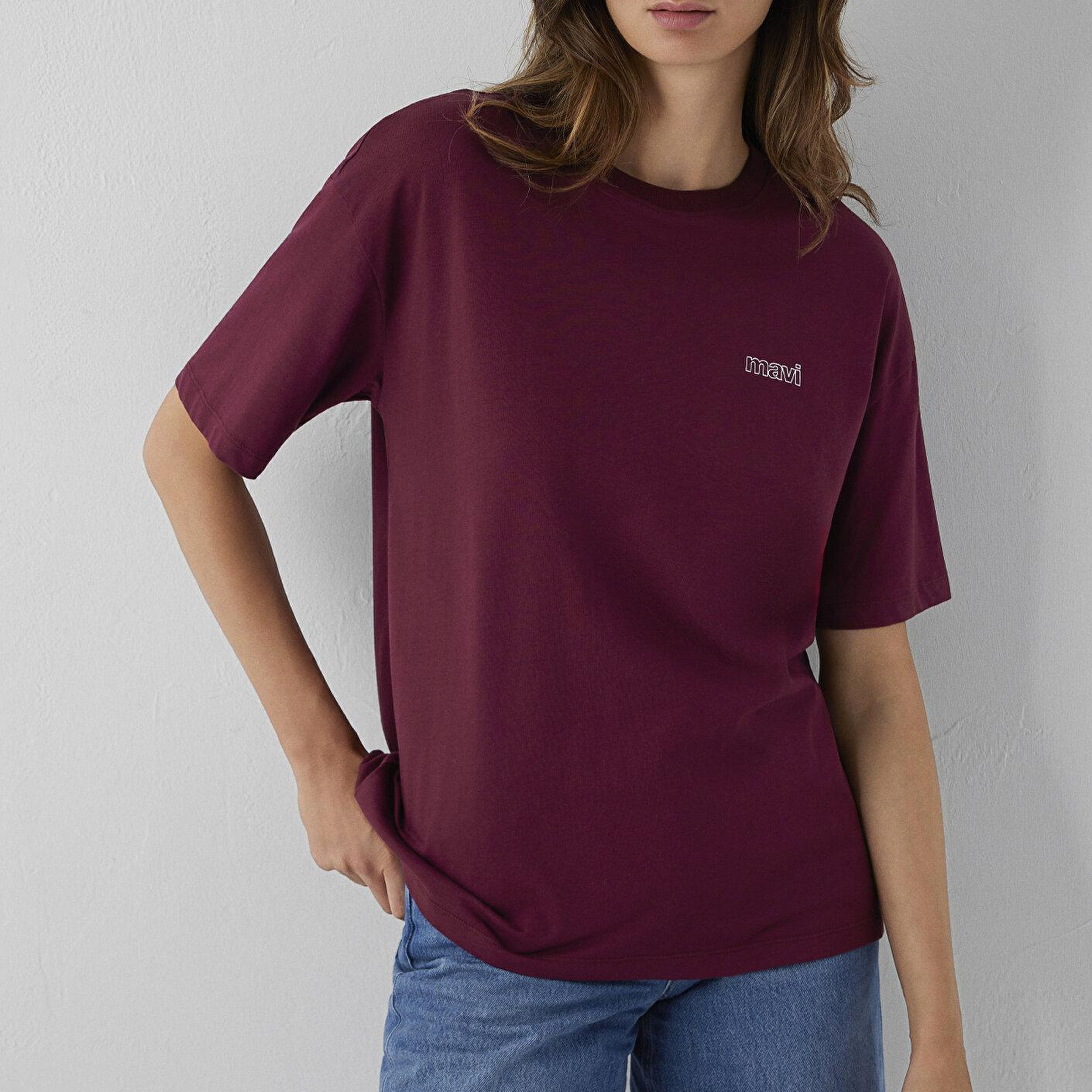 Mavi Mavi Logo Baskılı Bordo Tişört Loose Fit / Bol Rahat Kesim 1611309-90705