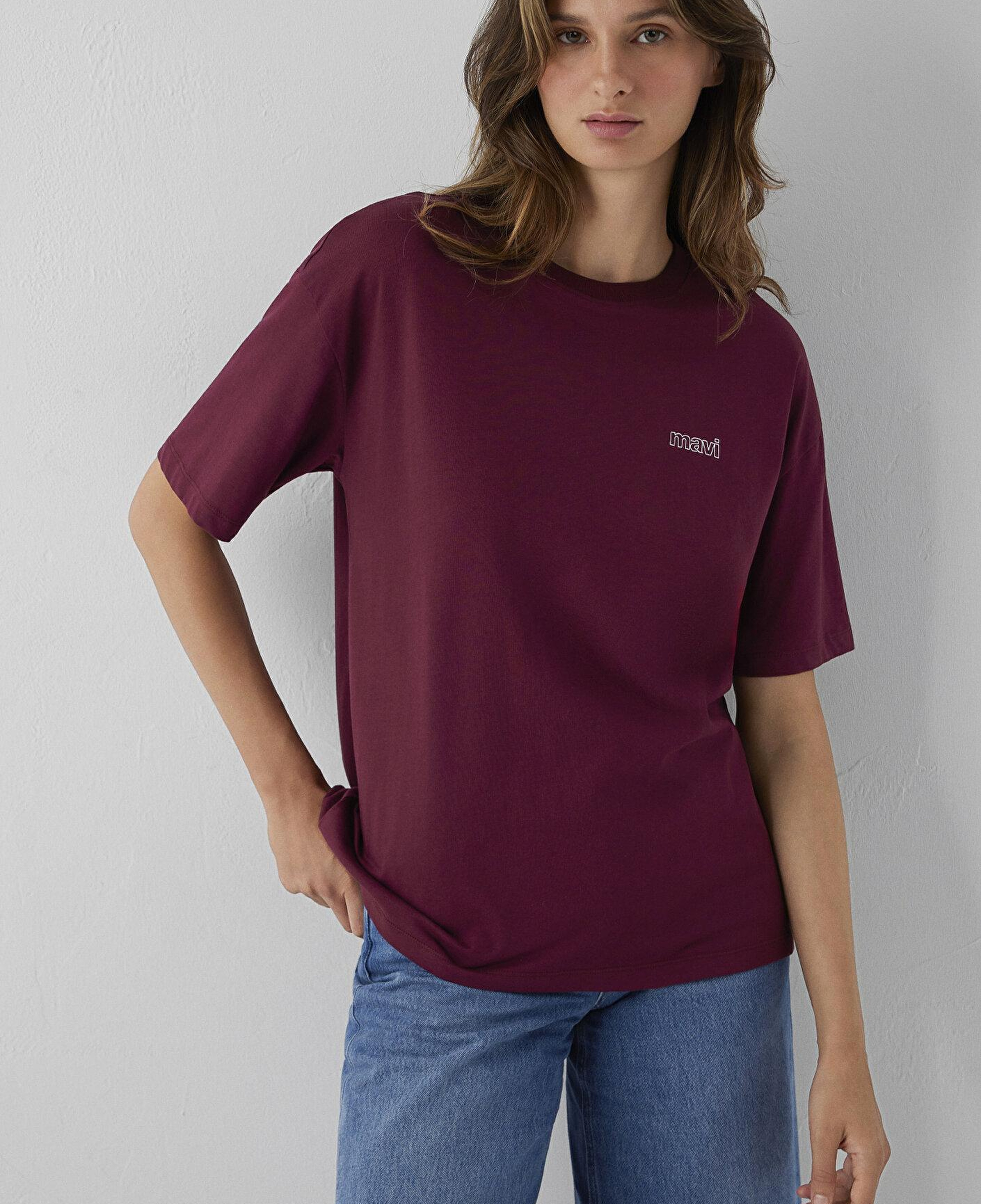 Mavi Mavi Logo Baskılı Bordo Tişört Loose Fit / Bol Rahat Kesim 1611309-90705