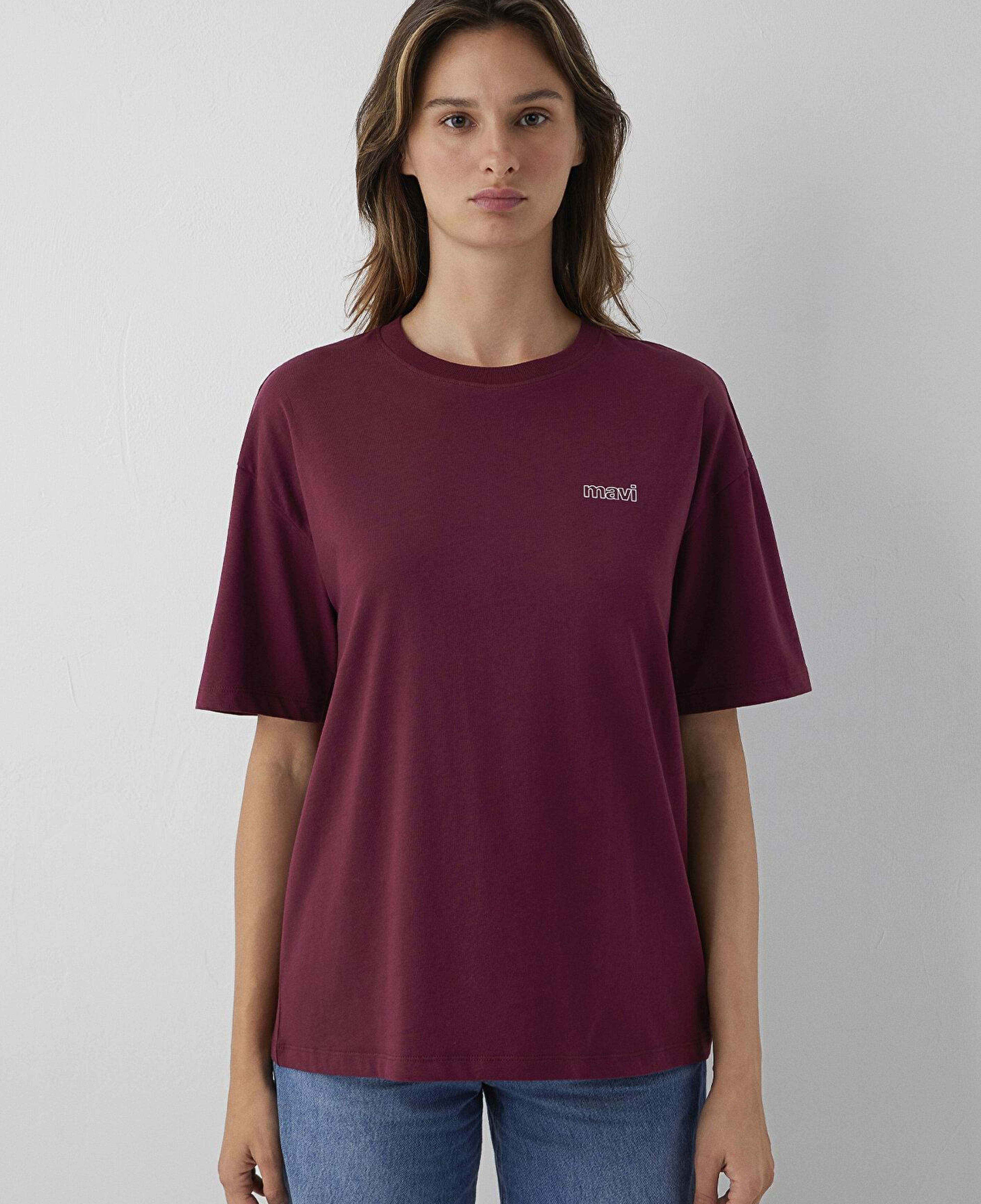 Mavi Mavi Logo Baskılı Bordo Tişört Loose Fit / Bol Rahat Kesim 1611309-90705