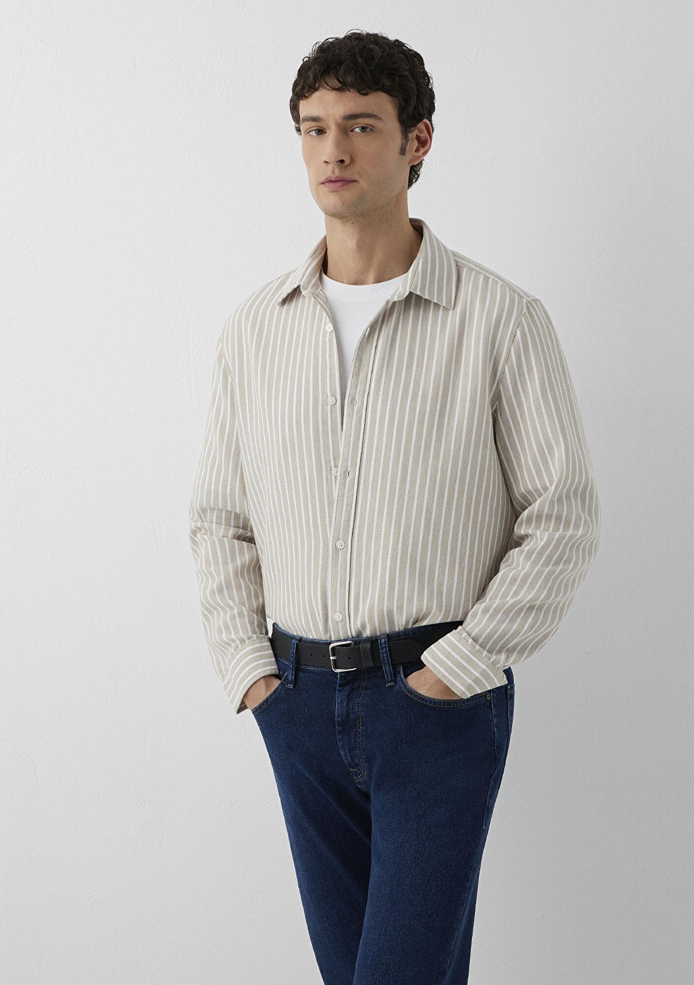 Mavi Çizgili  Bej Gömlek Regular Fit / Normal Kesim 0211693-91739
