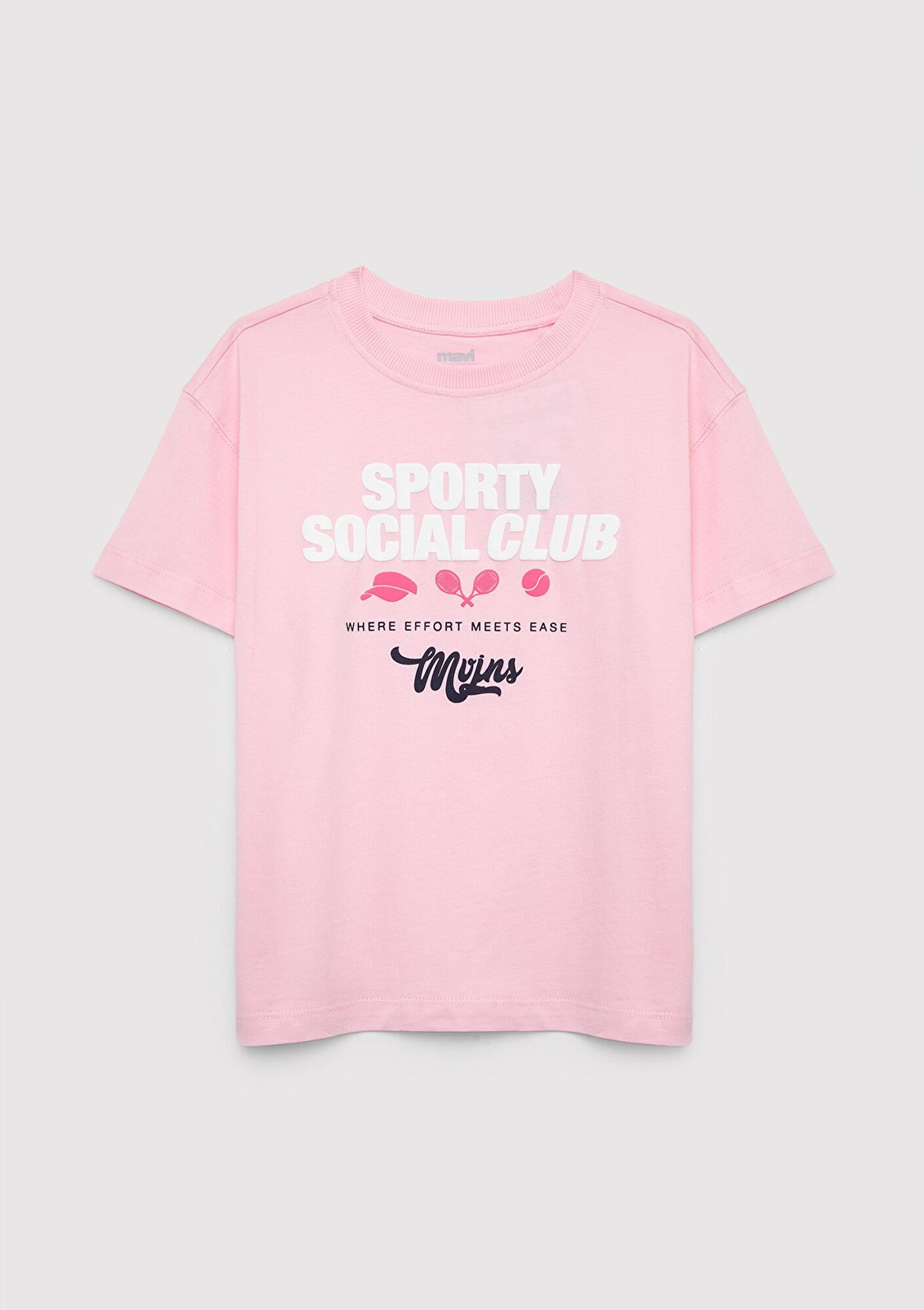 Mavi Baskılı Pembe Tişört Loose Fit / Bol Rahat Kesim 7610502-86953