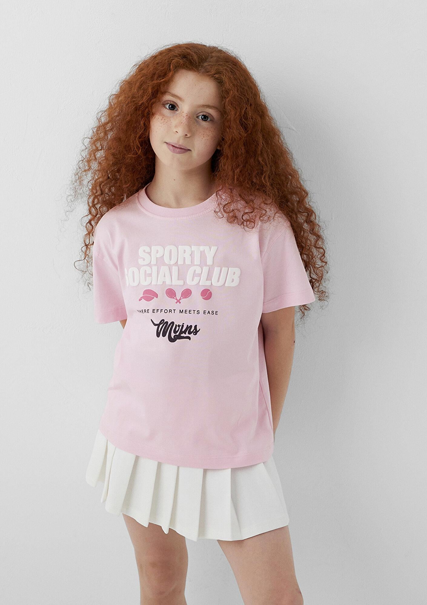 Mavi Baskılı Pembe Tişört Loose Fit / Bol Rahat Kesim 7610502-86953