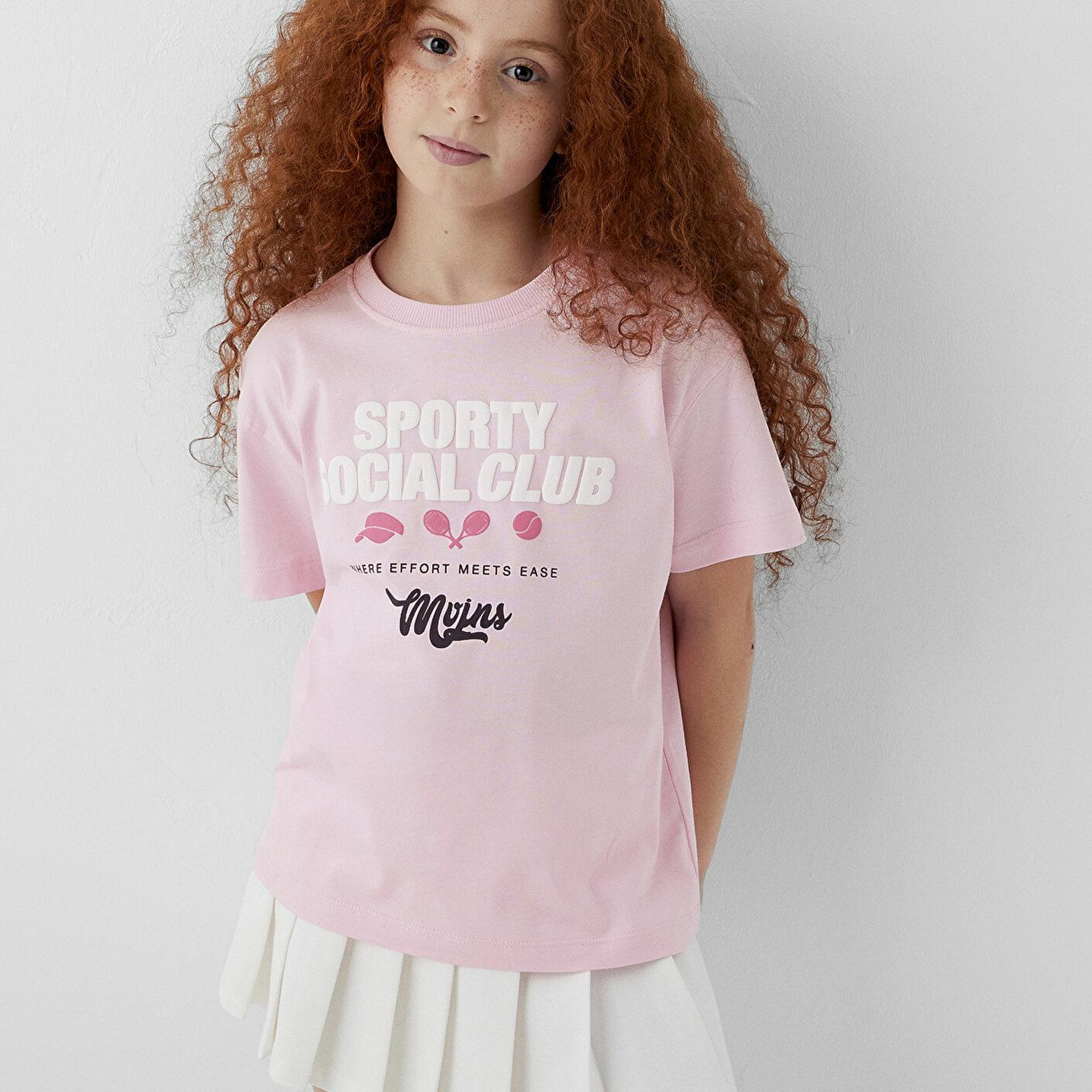 Mavi Baskılı Pembe Tişört Loose Fit / Bol Rahat Kesim 7610502-86953