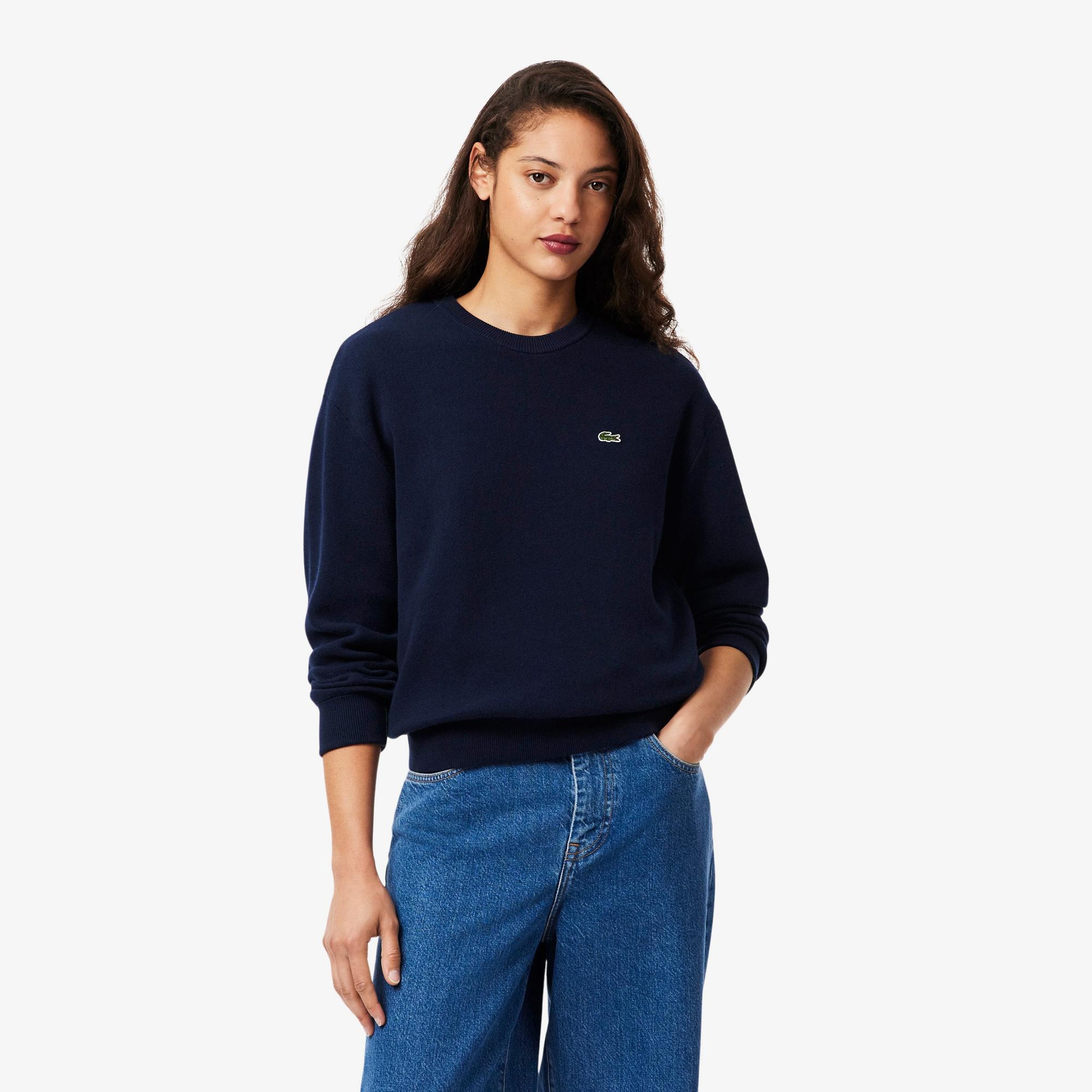 Lacoste Kadın Relaxed Fit Bisiklet Yaka Lacivert Kazak