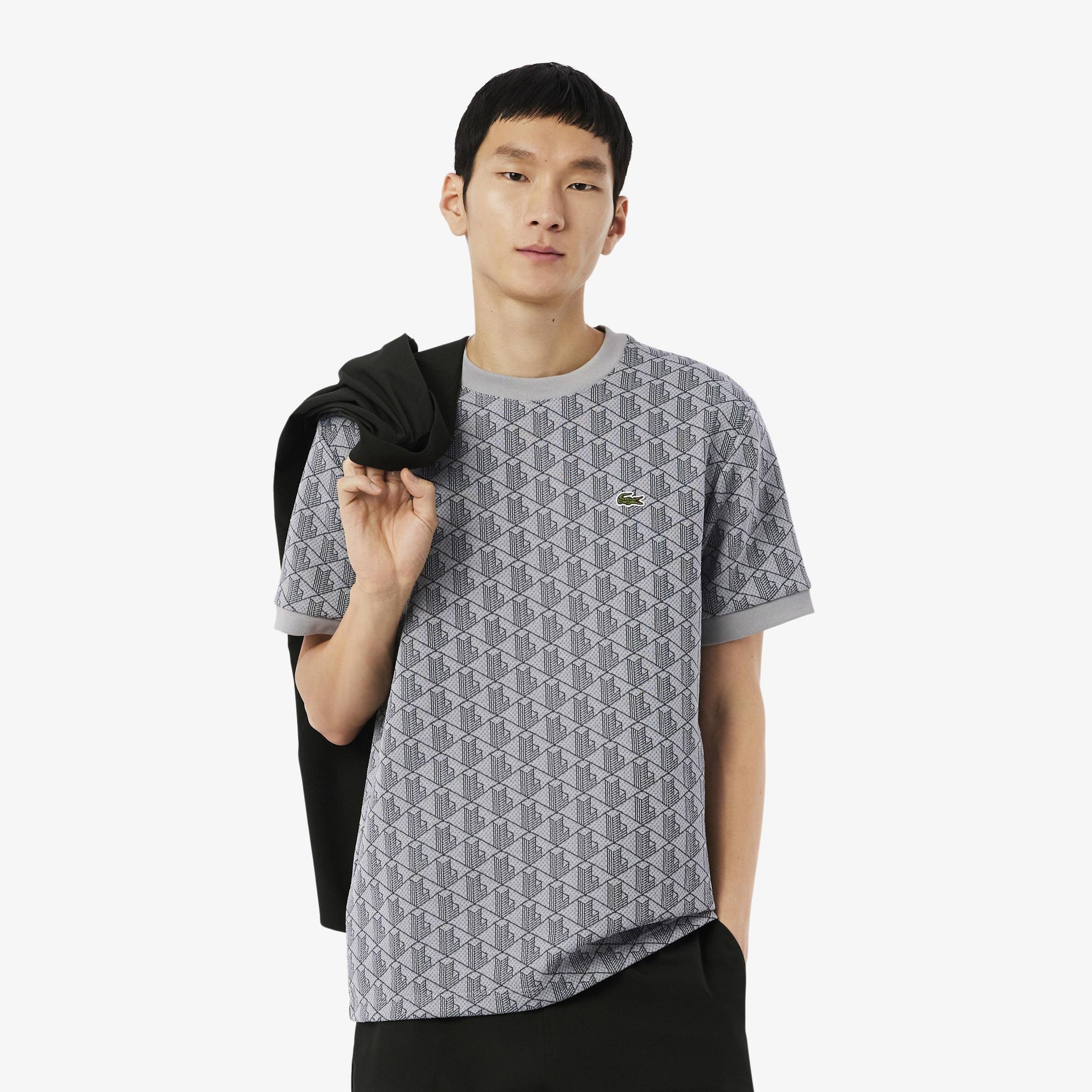 Erkek Classic Fit Bisiklet Yaka Monogram Gri T-Shirt