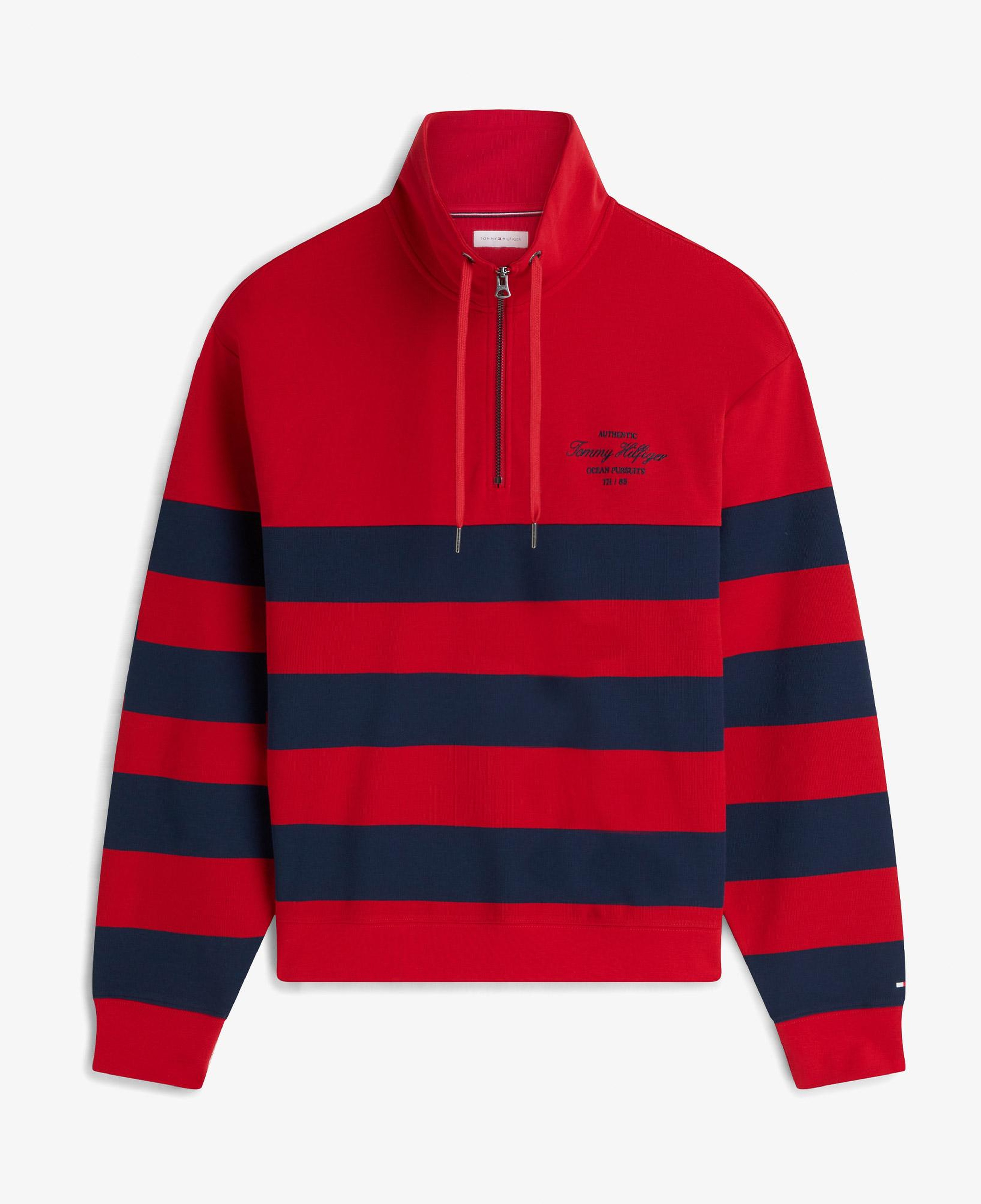 Tommy Hilfiger Nautical Block Stripe 1/4 Zip Erkek Kırmızı Sweatshirt