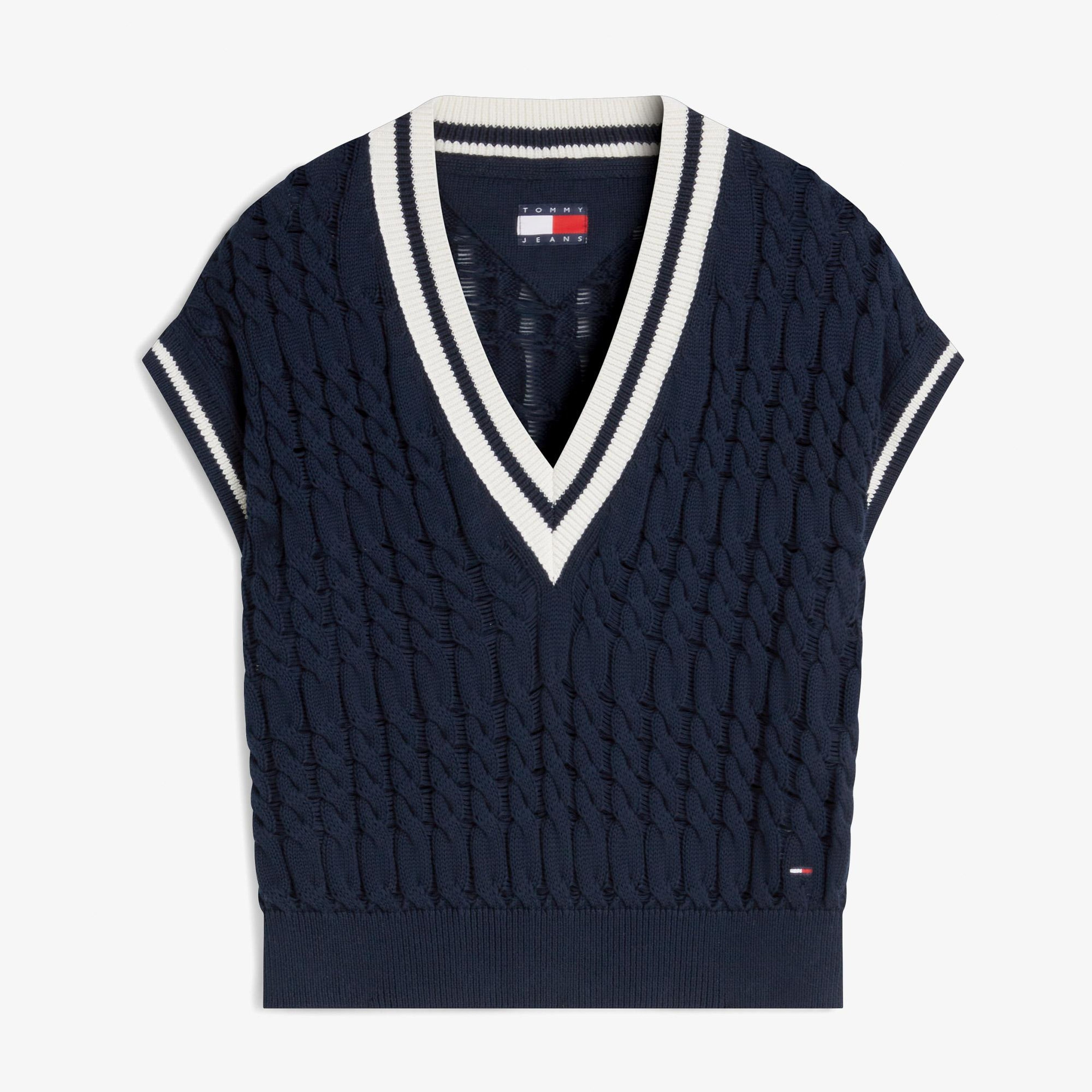 Tommy Hilfiger Tipping V Yaka Cable Kadın Mavi Triko