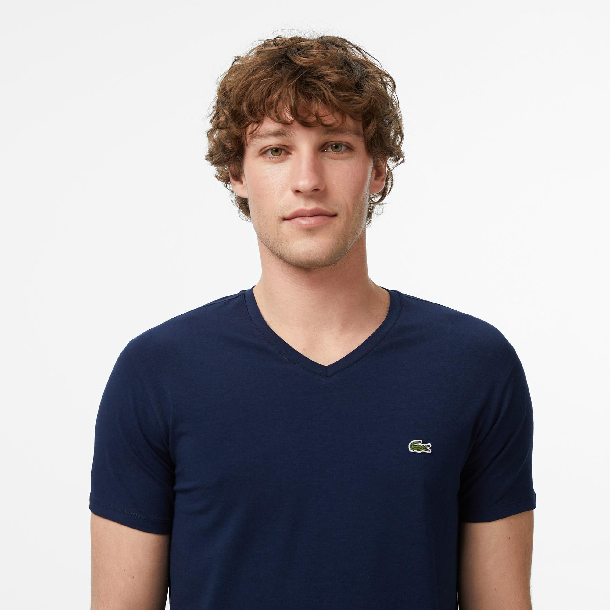 Erkek Slim Fit V Yaka Lacivert T-Shirt