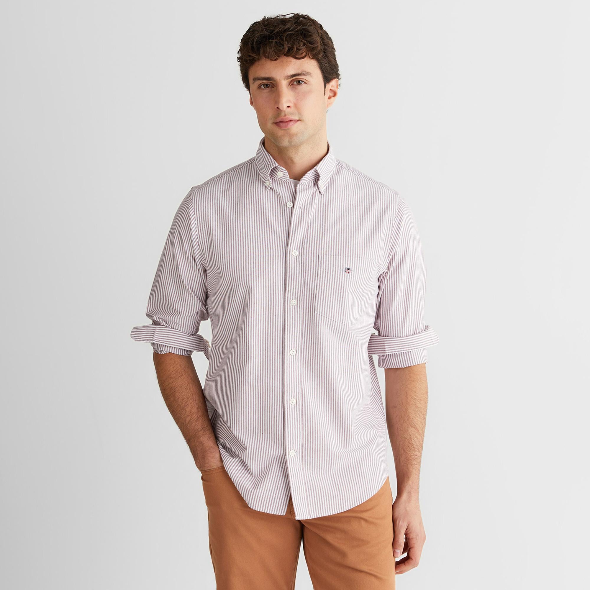 GANT Erkek Bordo Regular Fit Düğmeli Yaka Çizgili Oxford Gömlek