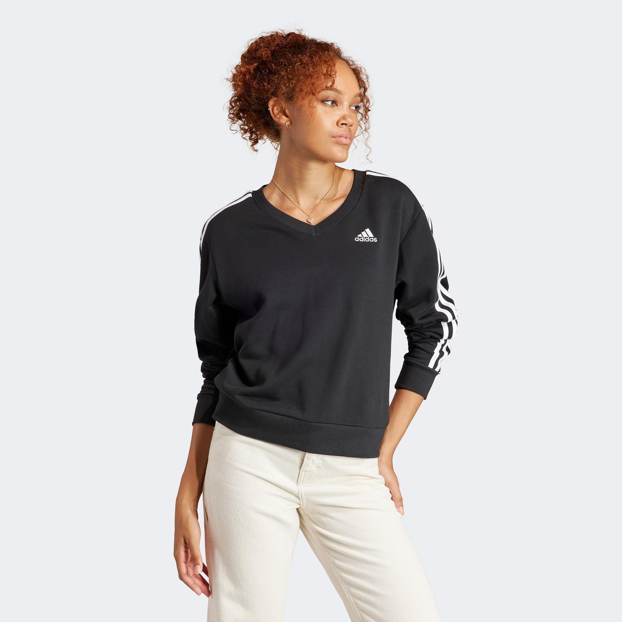 adidas Essentials 3 Stripes V-Neck Kadın Siyah Günlük Sweatshirt