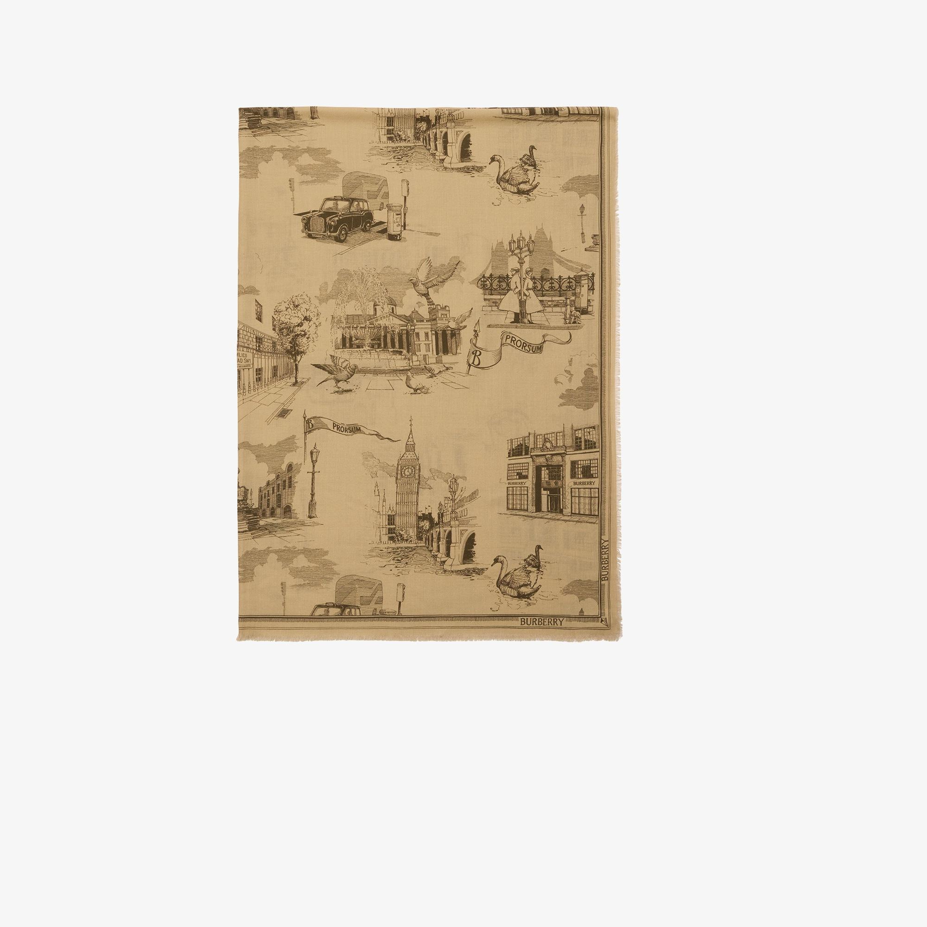 Burberry 195X135 London Landmarks Wool Silk Kadın Bej Atkı