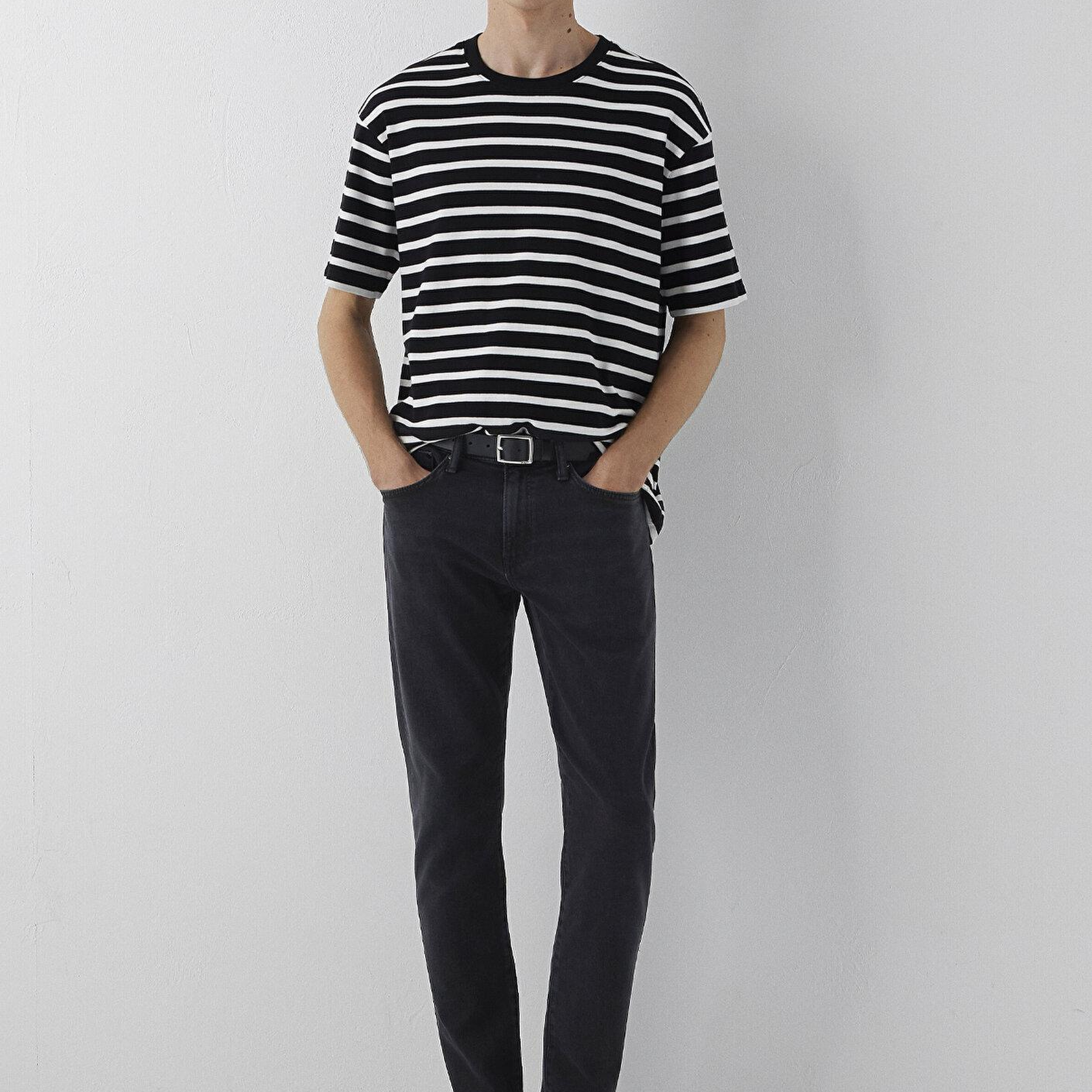 Mavi Mavi Black Ekru Çizgili Siyah Tişört Loose Fit / Bol Rahat Kesim 0612860-70057