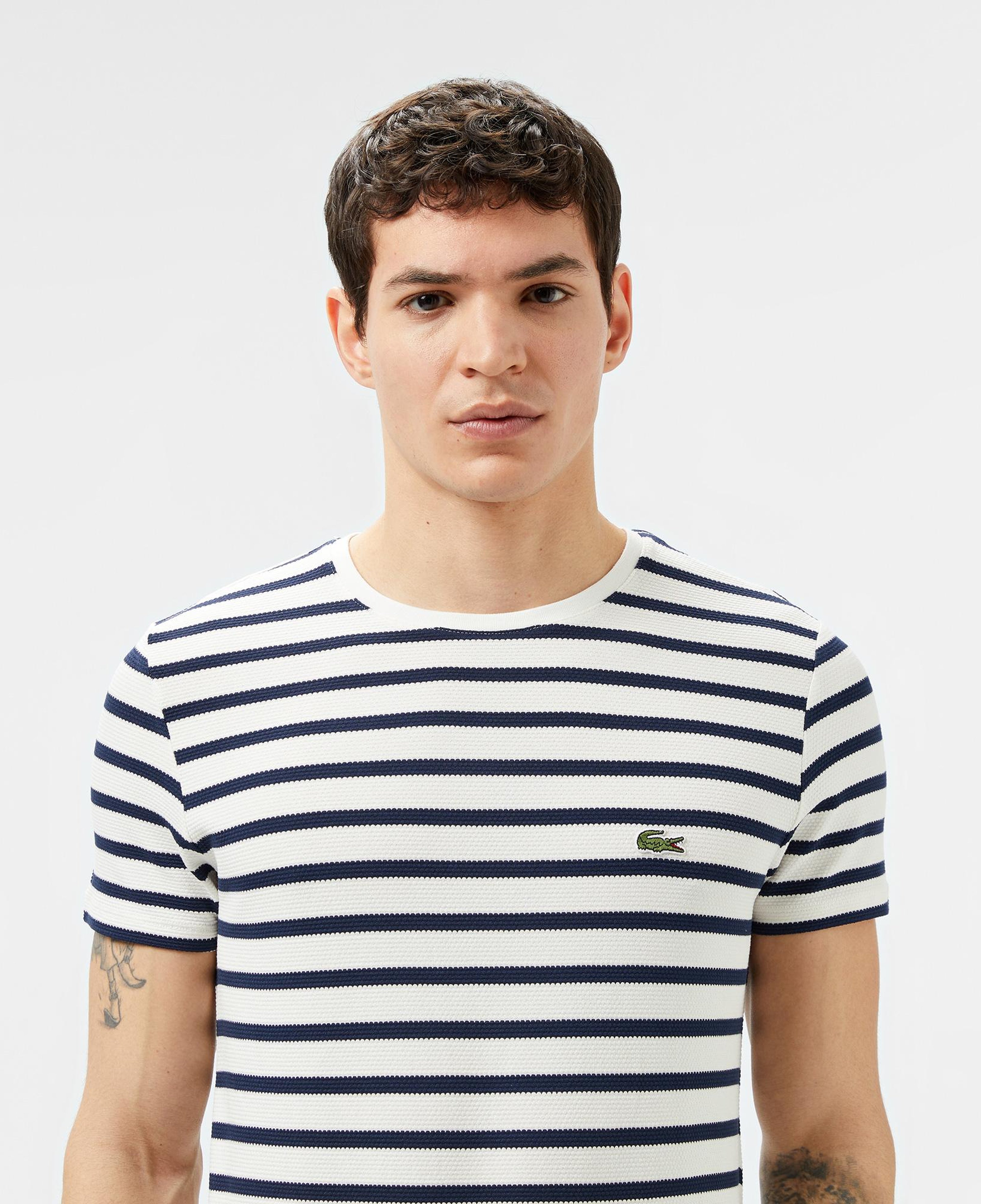 Erkek Slim Fit Bisiklet Yaka Çizgili Beyaz T-Shirt