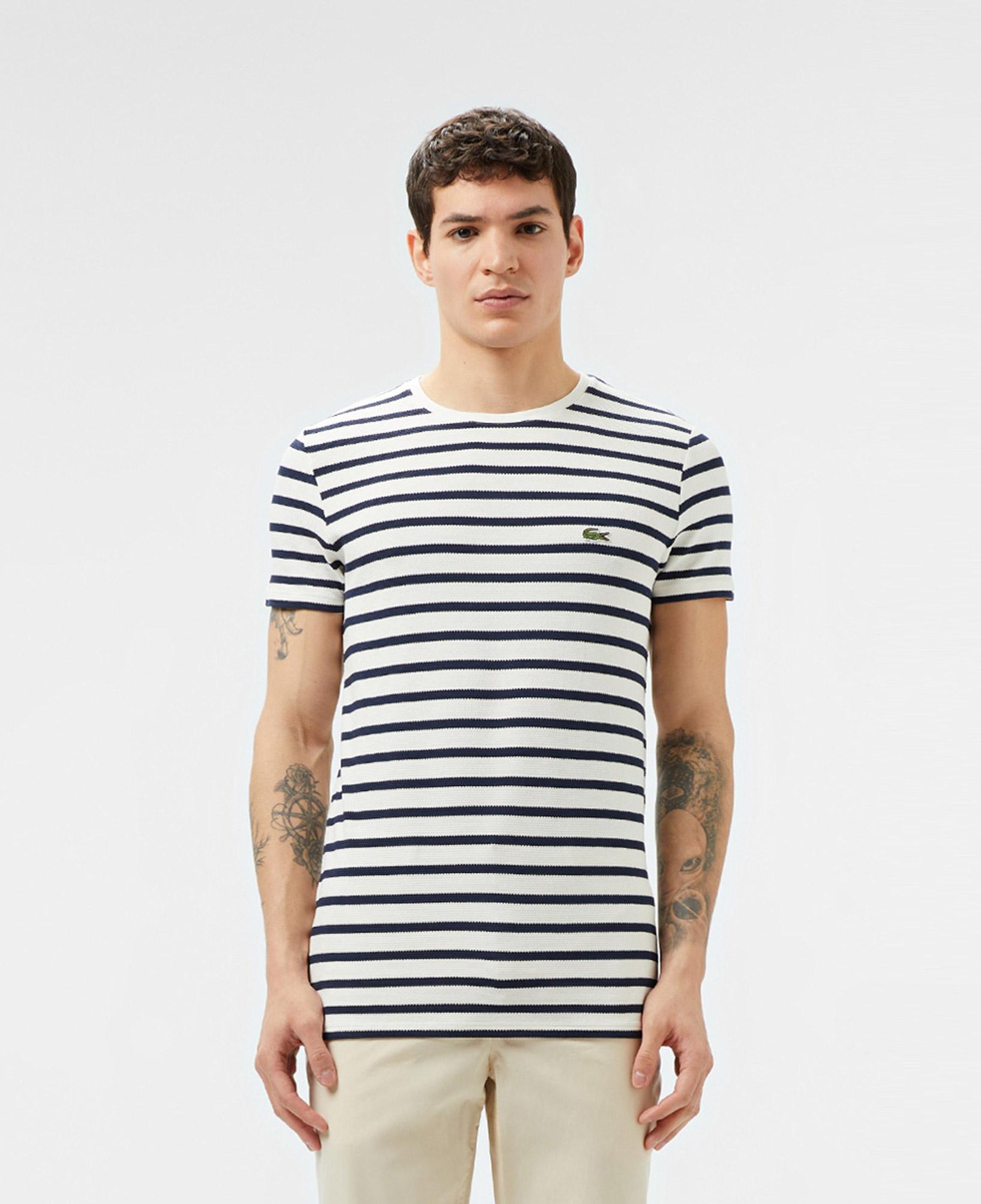 Erkek Slim Fit Bisiklet Yaka Çizgili Beyaz T-Shirt