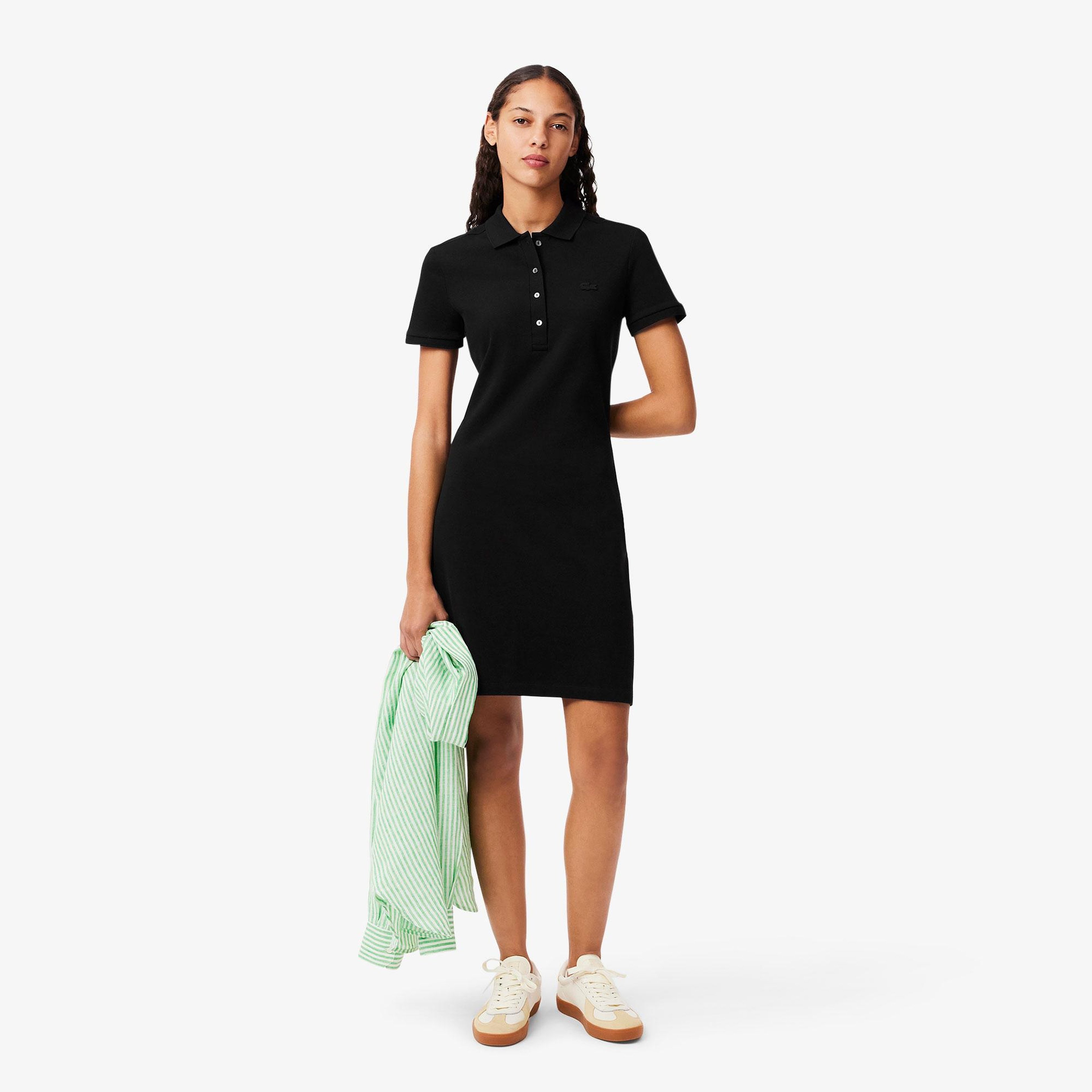 Kadın Slim Fit Kısa Kollu Polo Yaka Siyah Elbise