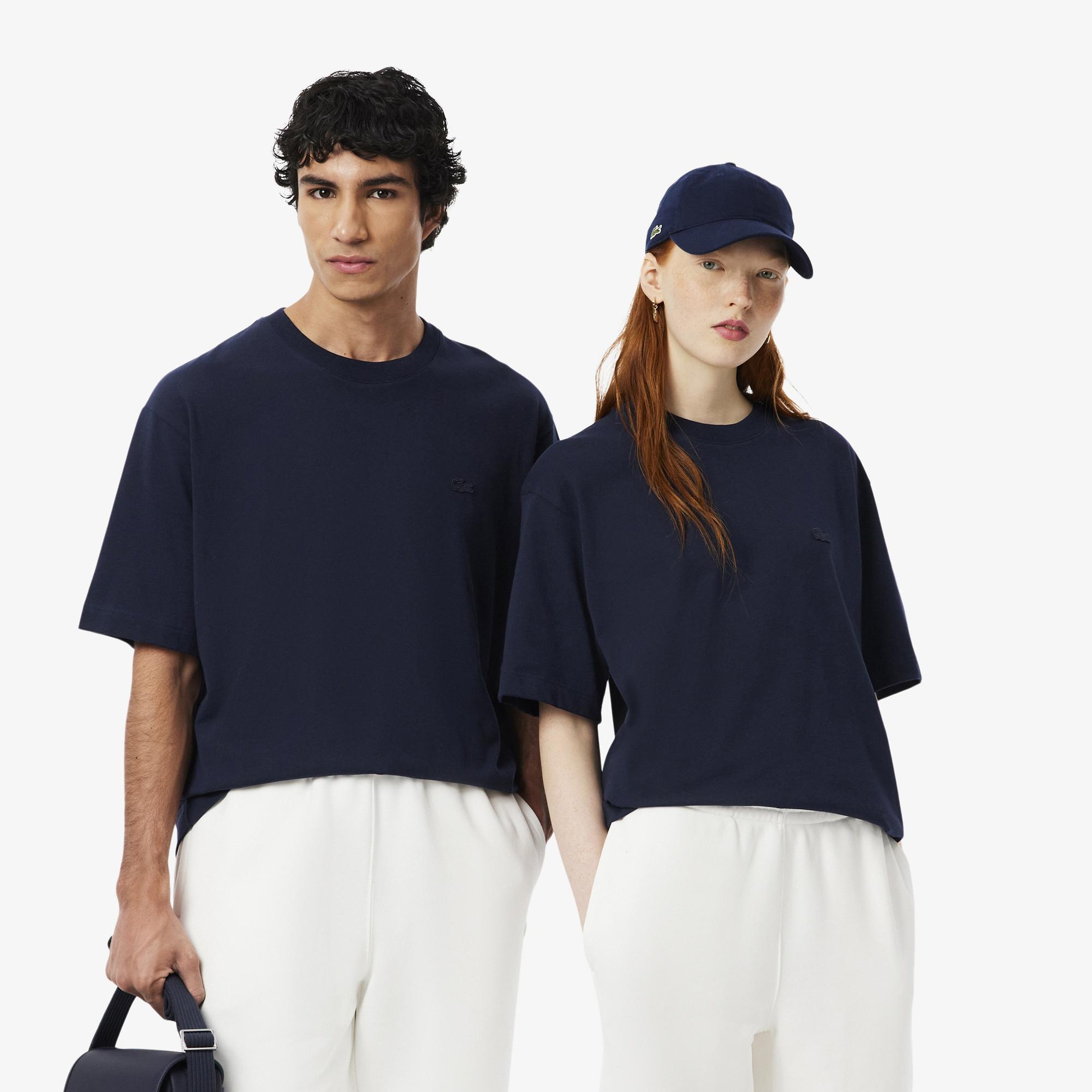 Unisex Loose Fit Bisiklet Yaka Lacivert T-Shirt