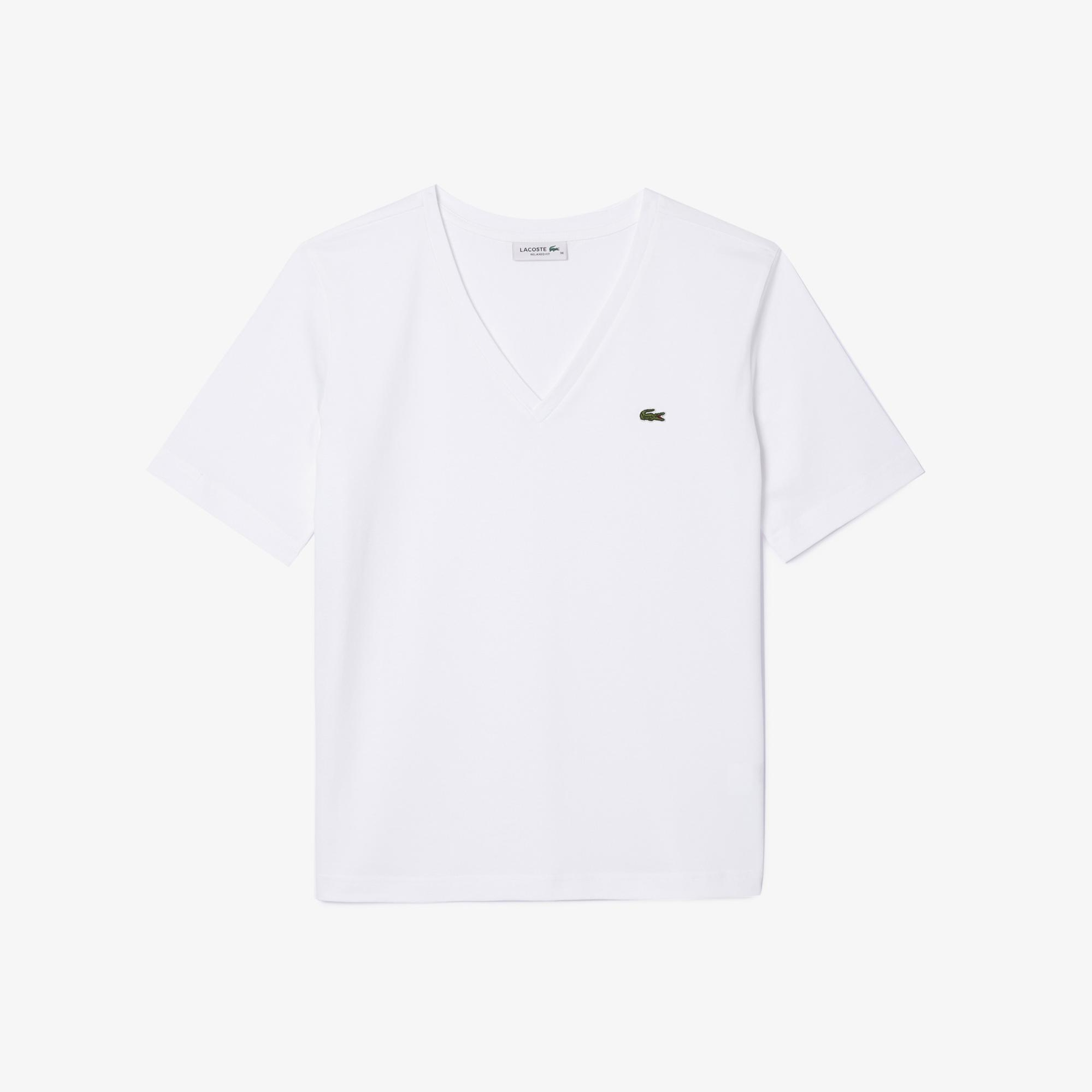 Lacoste Kadın Relaxed Fit V Yaka Beyaz T-Shirt